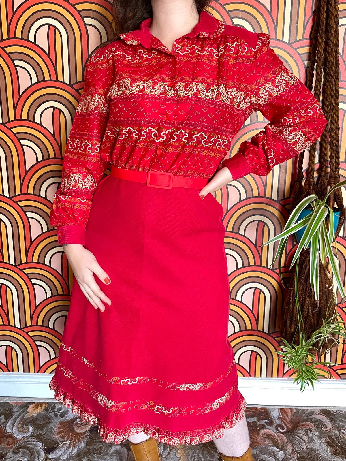 Vintage 70s Red Corduroy Prairie Dress
