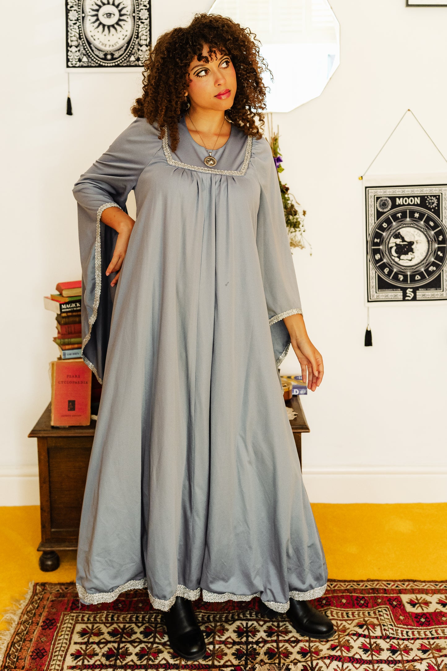 Vintage 70s Grey Blue Wizard Sleeve Maxi Dress