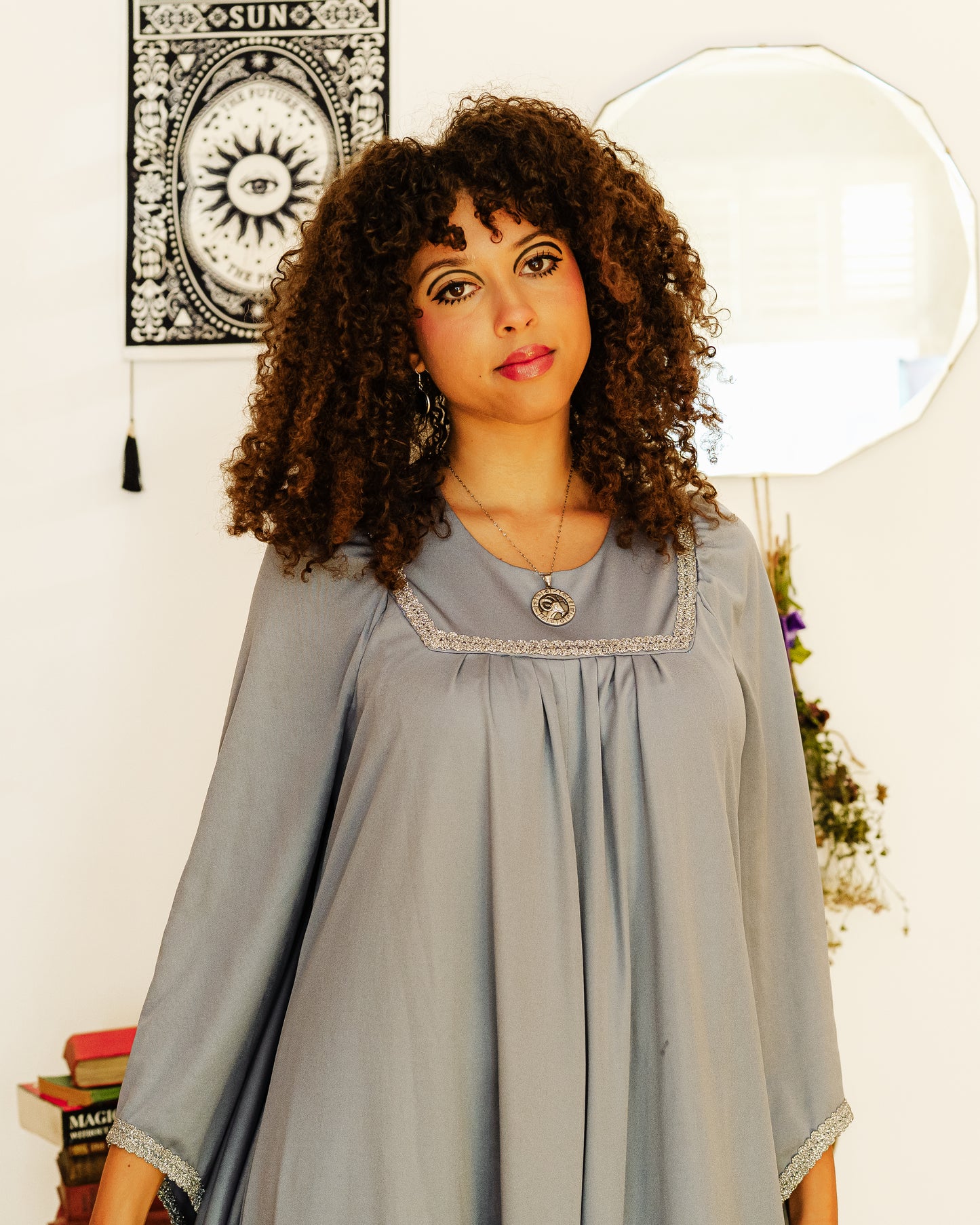 Vintage 70s Grey Blue Wizard Sleeve Maxi Dress