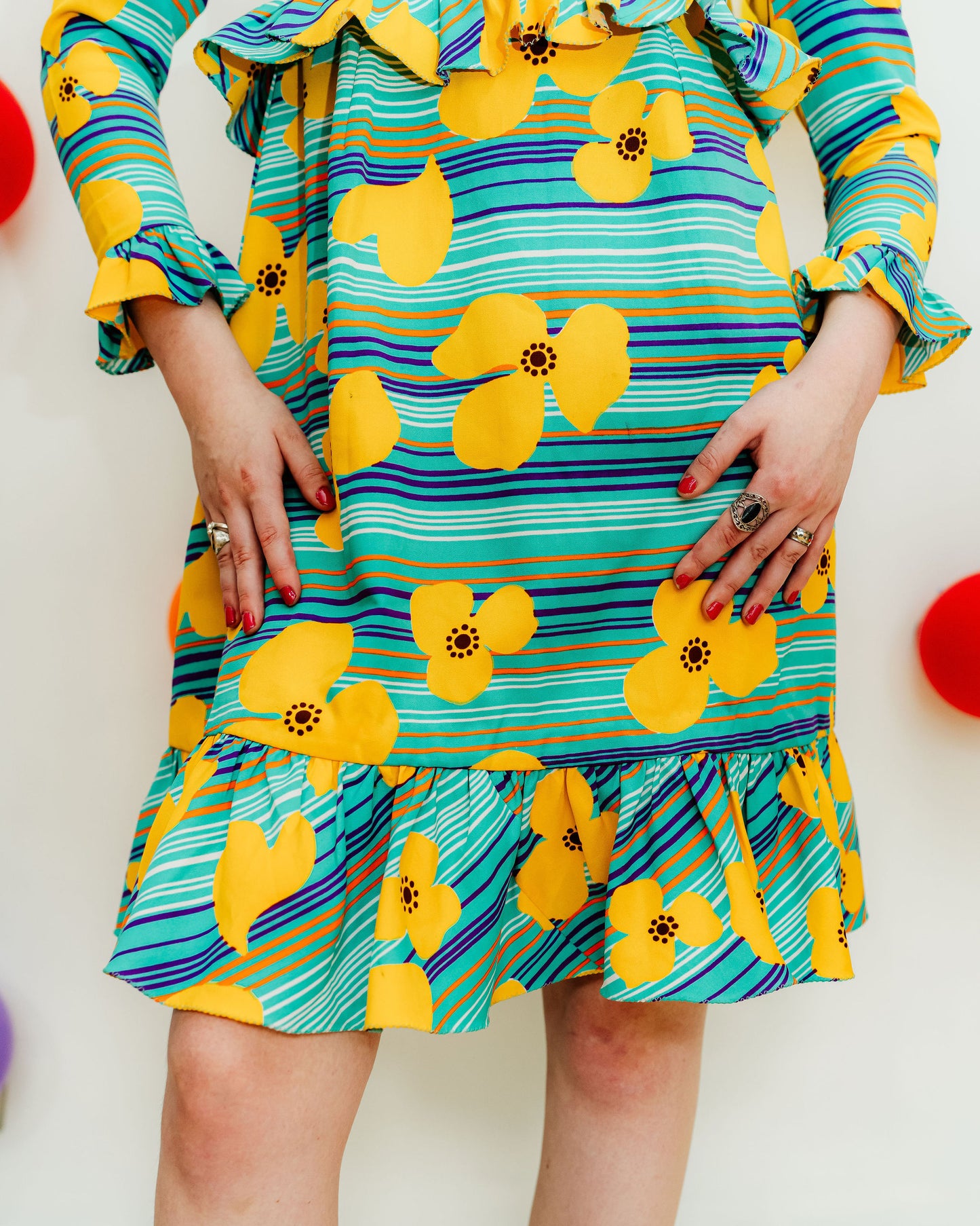 Vintage 70s Turquoise Floral Frill Dress