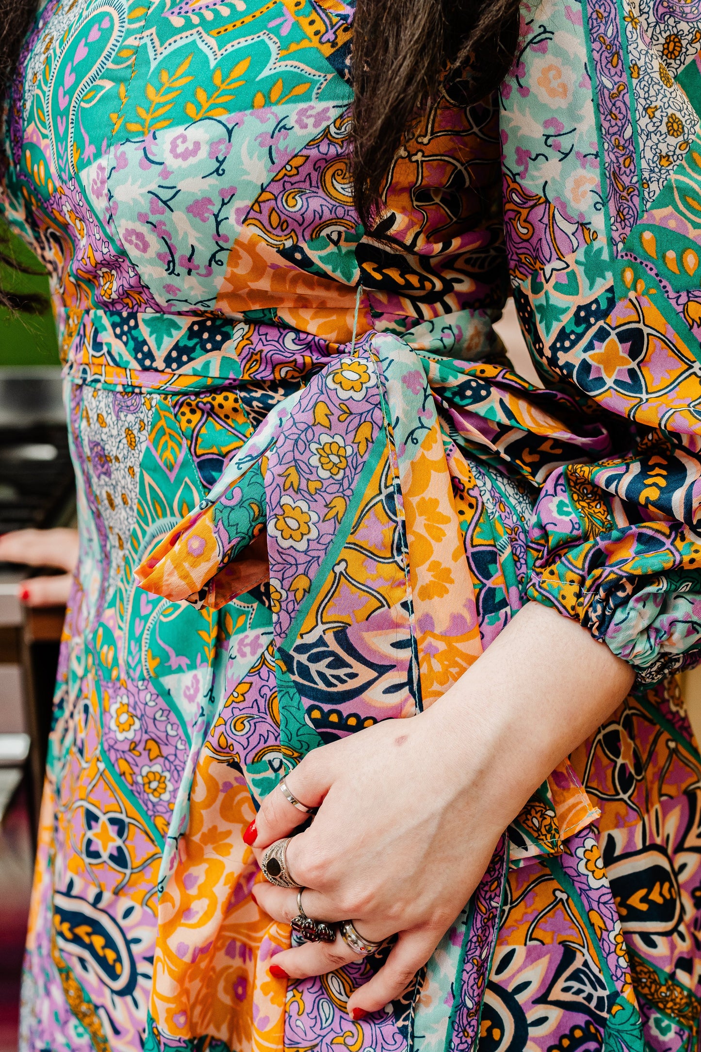 Kitsch Inn Vintage 70s Patchwork Print Midi Dress