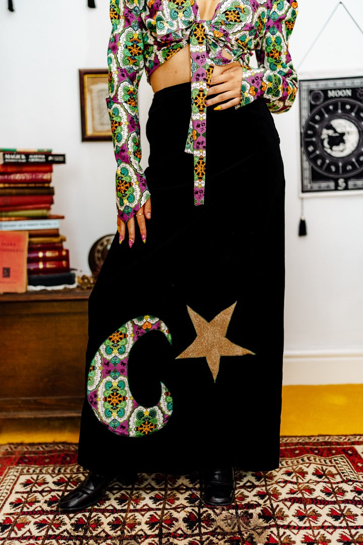 Castle Crowley Black Velvet Appliqué Maxi Skirt