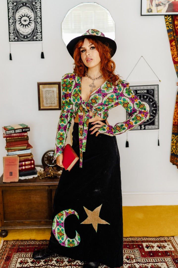 Castle Crowley Black Velvet Appliqué Maxi Skirt