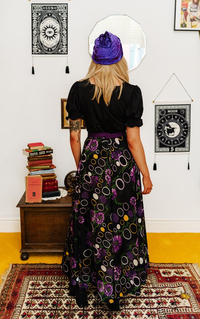 Vintage 70s Black and Purple Floral Print Maxi Dress