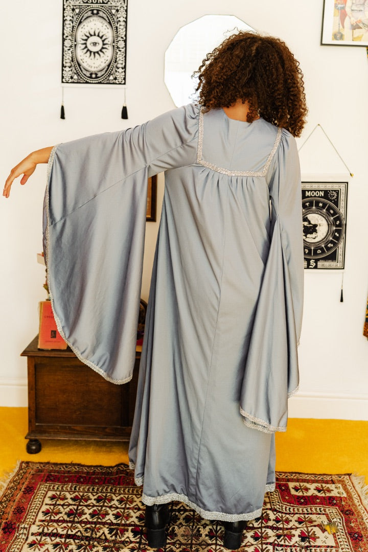 Vintage 70s Grey Blue Wizard Sleeve Maxi Dress