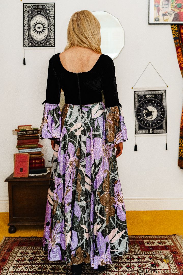 Vintage 70s Black Velvet Purple Lurex Bell Sleeve Maxi Dress