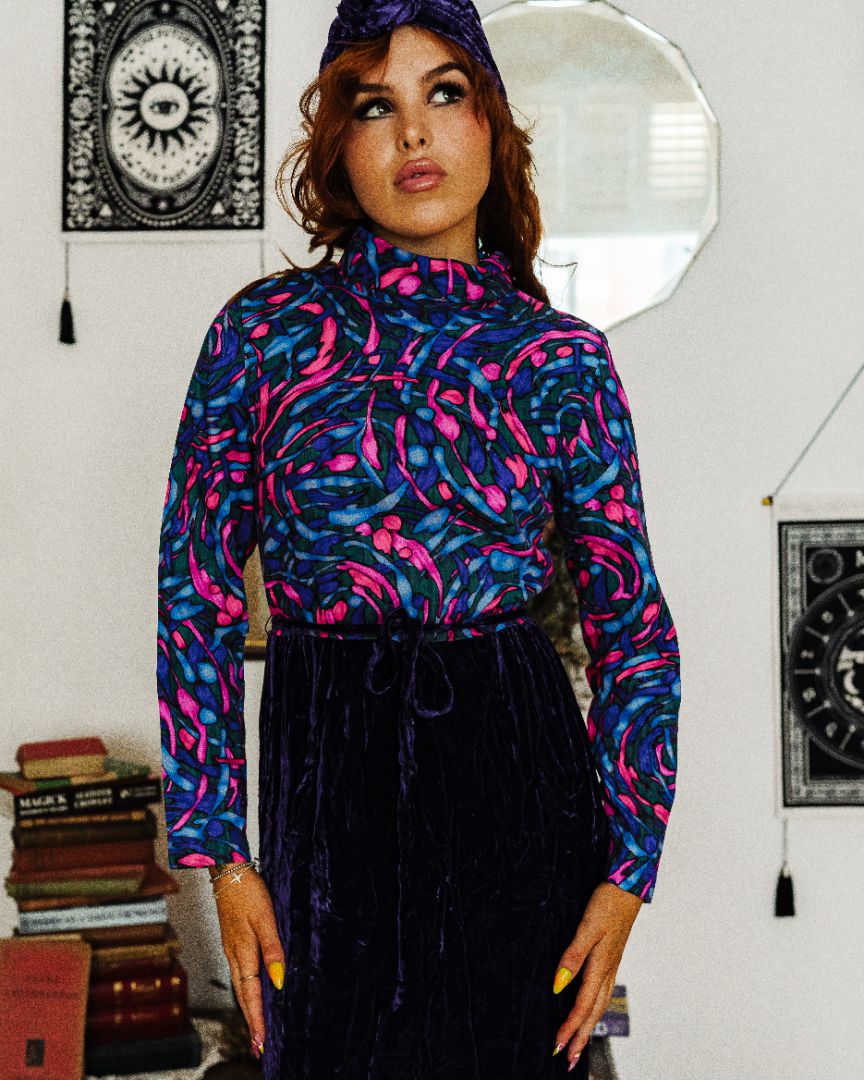 Vintage 70s Pink and Purple Velvet Maxi Dress