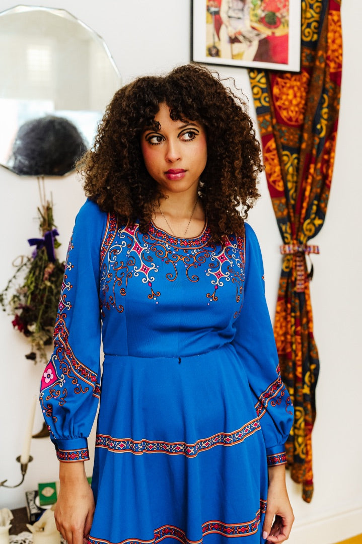 Vintage 70s Blue Baroque Print Mini Dress