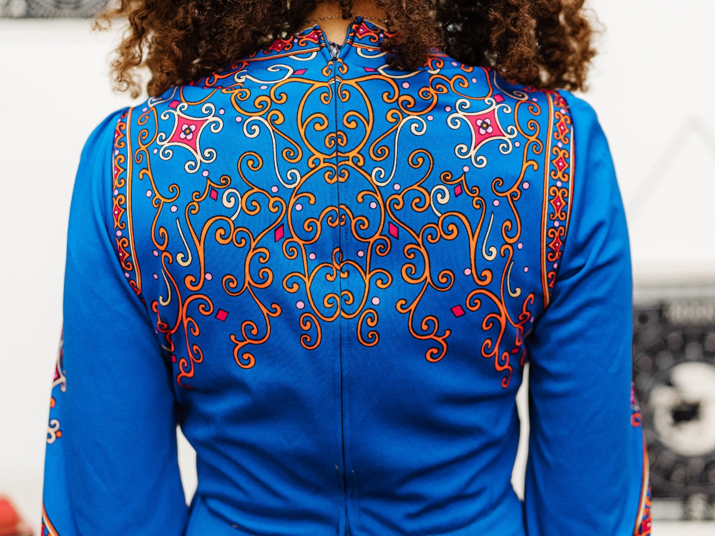 Vintage 70s Blue Baroque Print Mini Dress