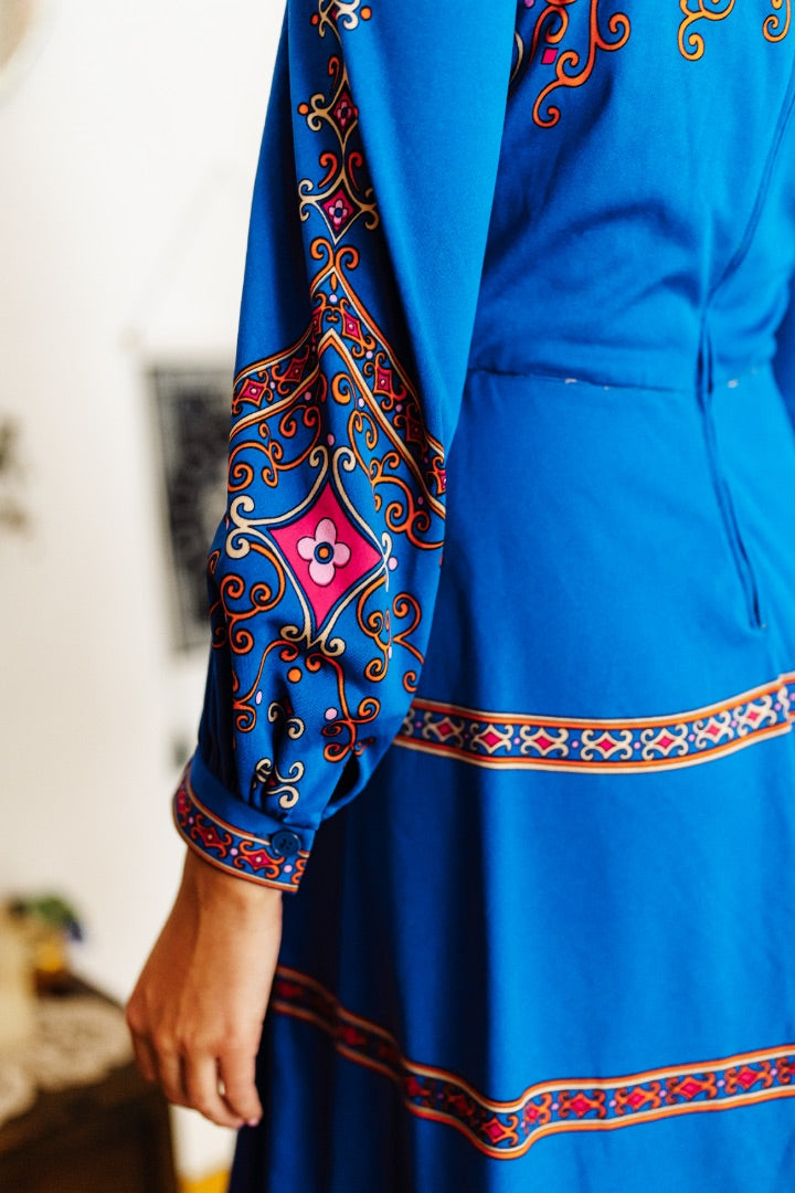 Vintage 70s Blue Baroque Print Mini Dress