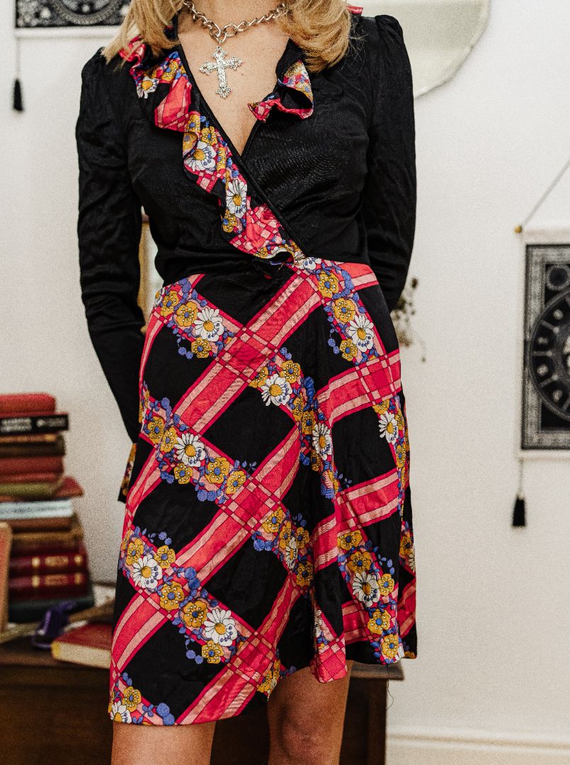 Vintage 70s Black and Floral Ruffle Mini Dress