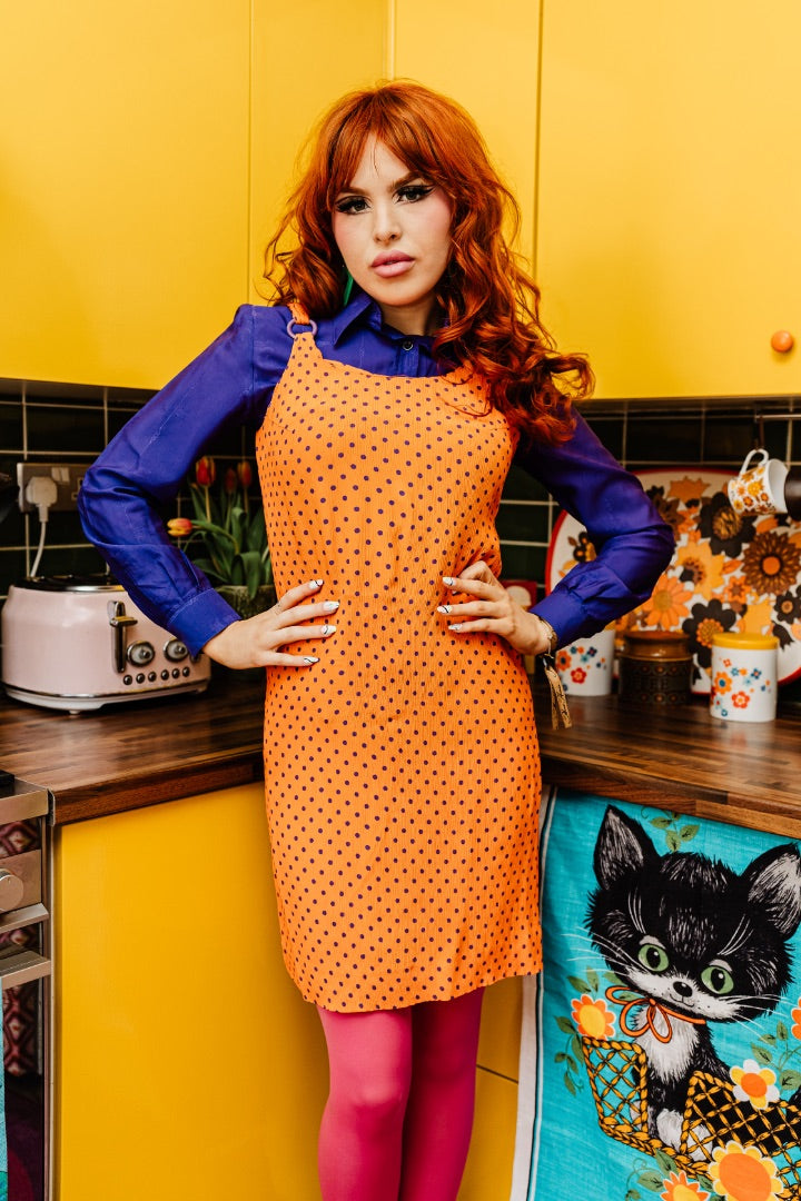 Kitsch Inn Vintage 80s Orange and Purple Spotty Dress