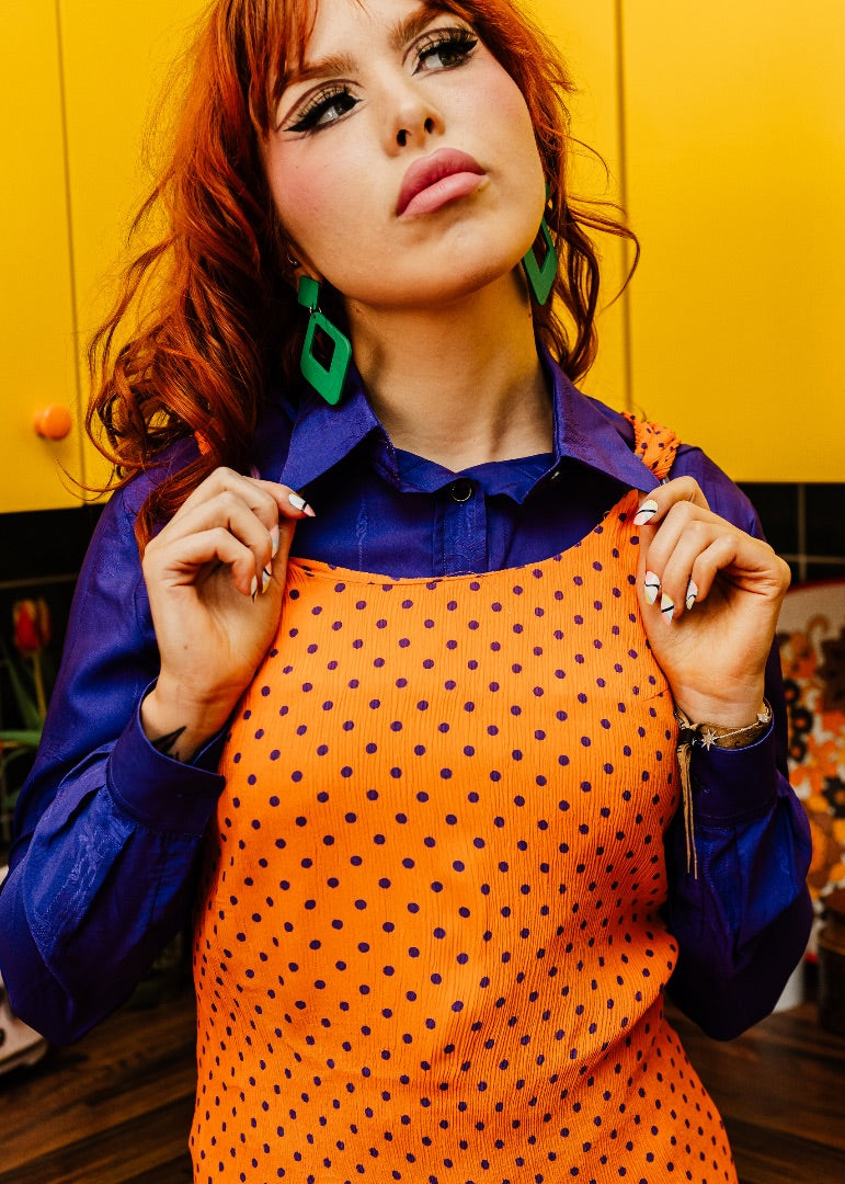 Kitsch Inn Vintage 80s Orange and Purple Spotty Dress