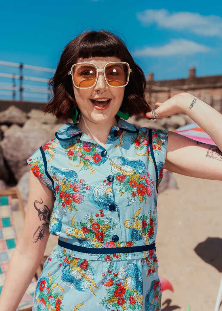 Vintage 60s Blue Novelty Print Tea Dress
