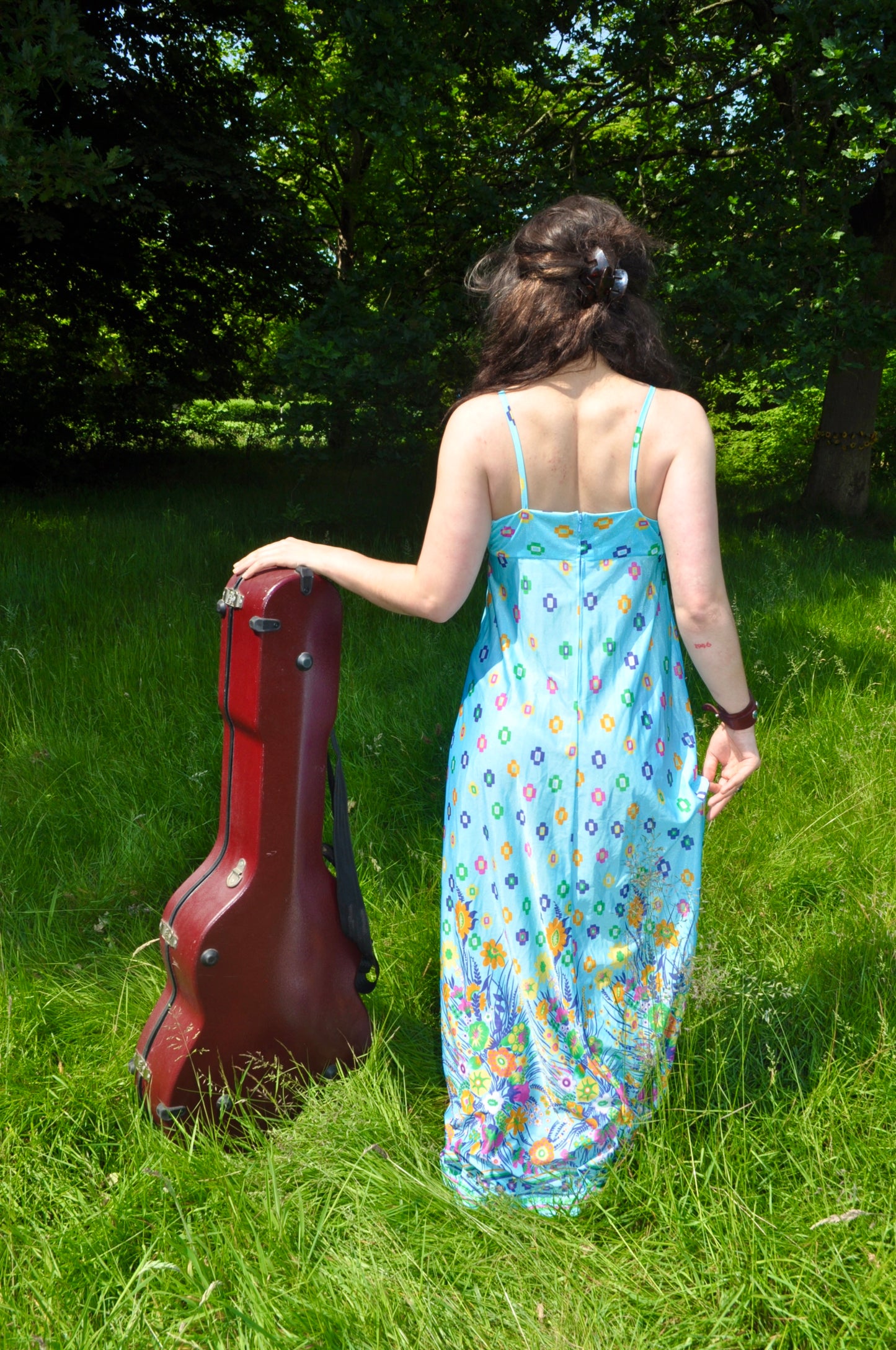 Vintage 70s Baby Blue Floral Strappy Maxi Dress