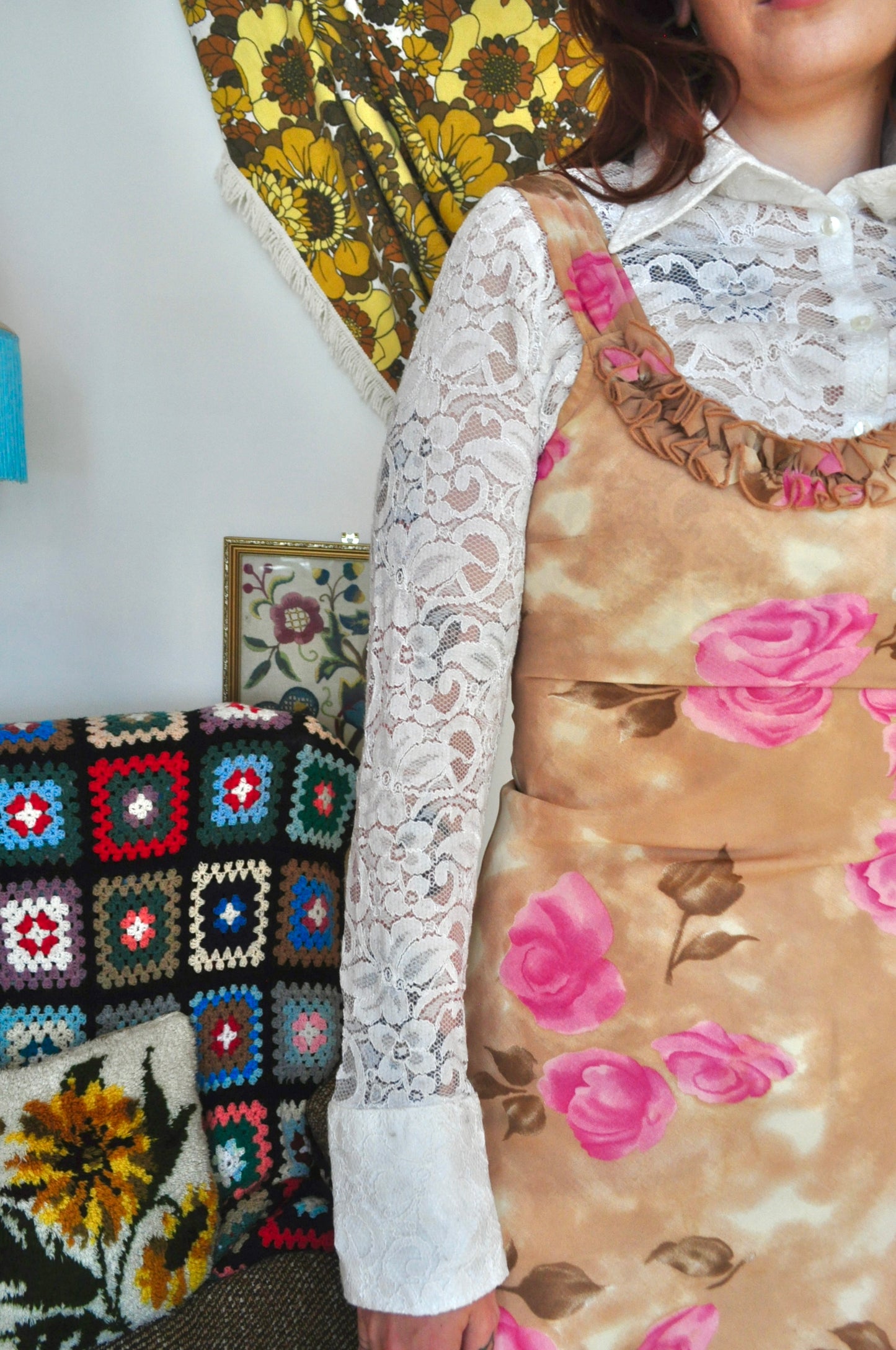 Vintage 90s Beige and Pink Floral Dress