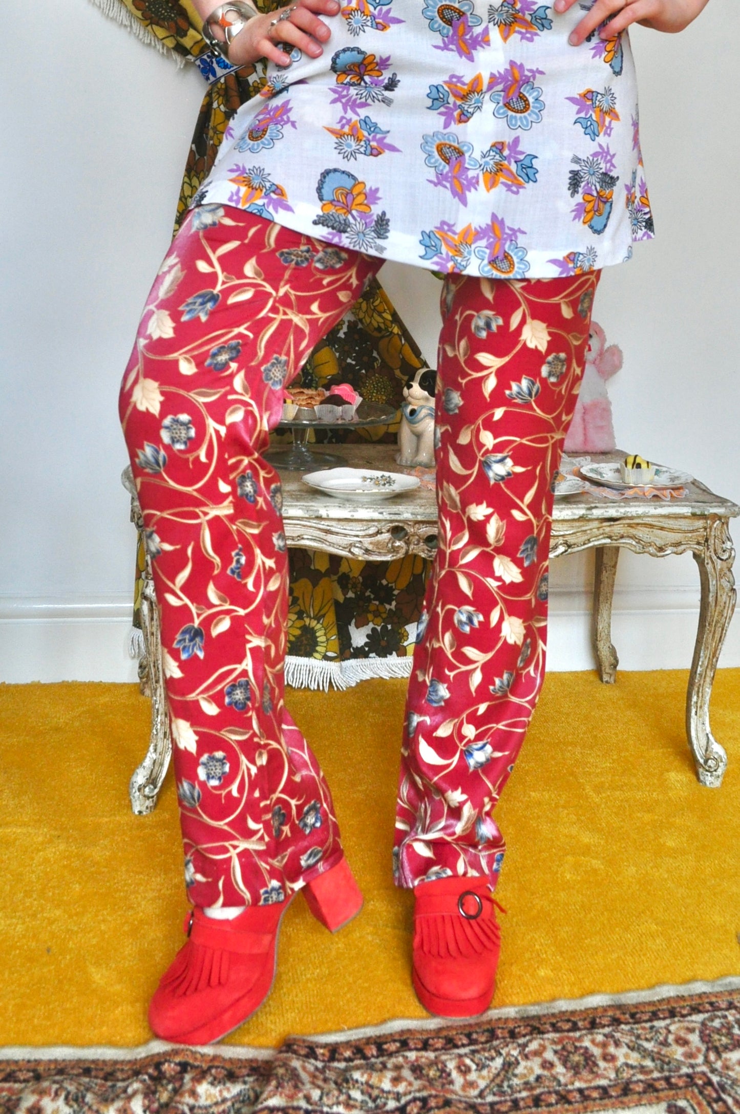 Vintage 70s Red Floral Trousers