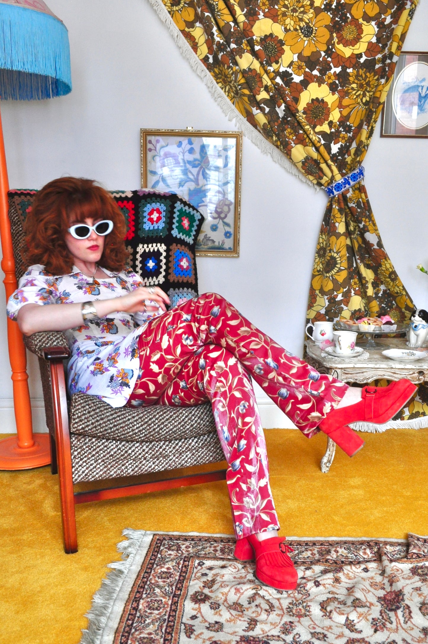 Vintage 70s Red Floral Trousers