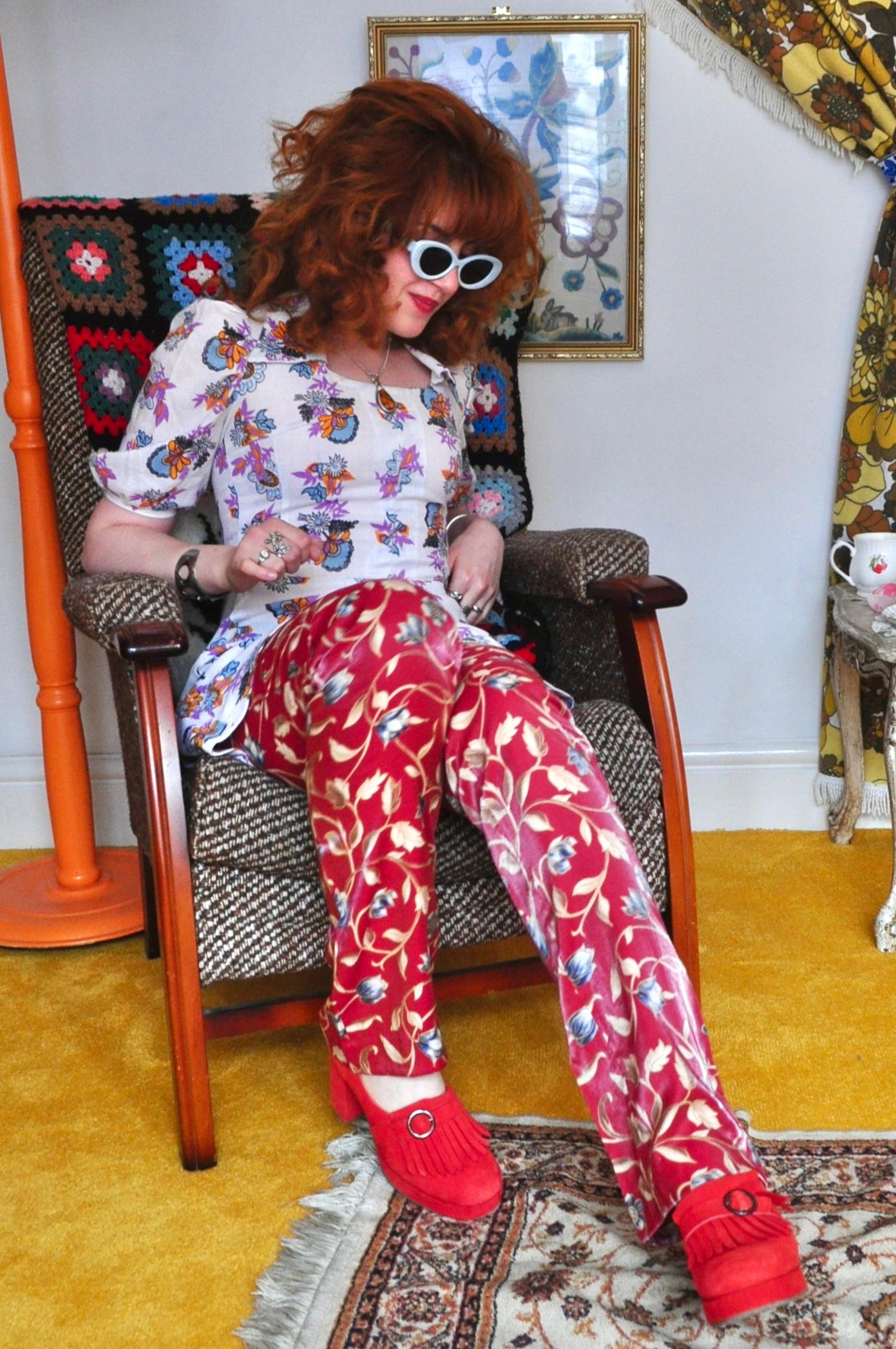 Vintage 70s Red Floral Trousers