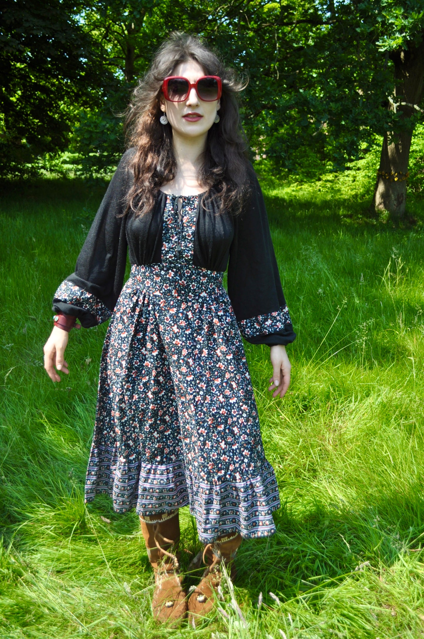 Vintage 70s Richard Shops Black Floral Midi Dress