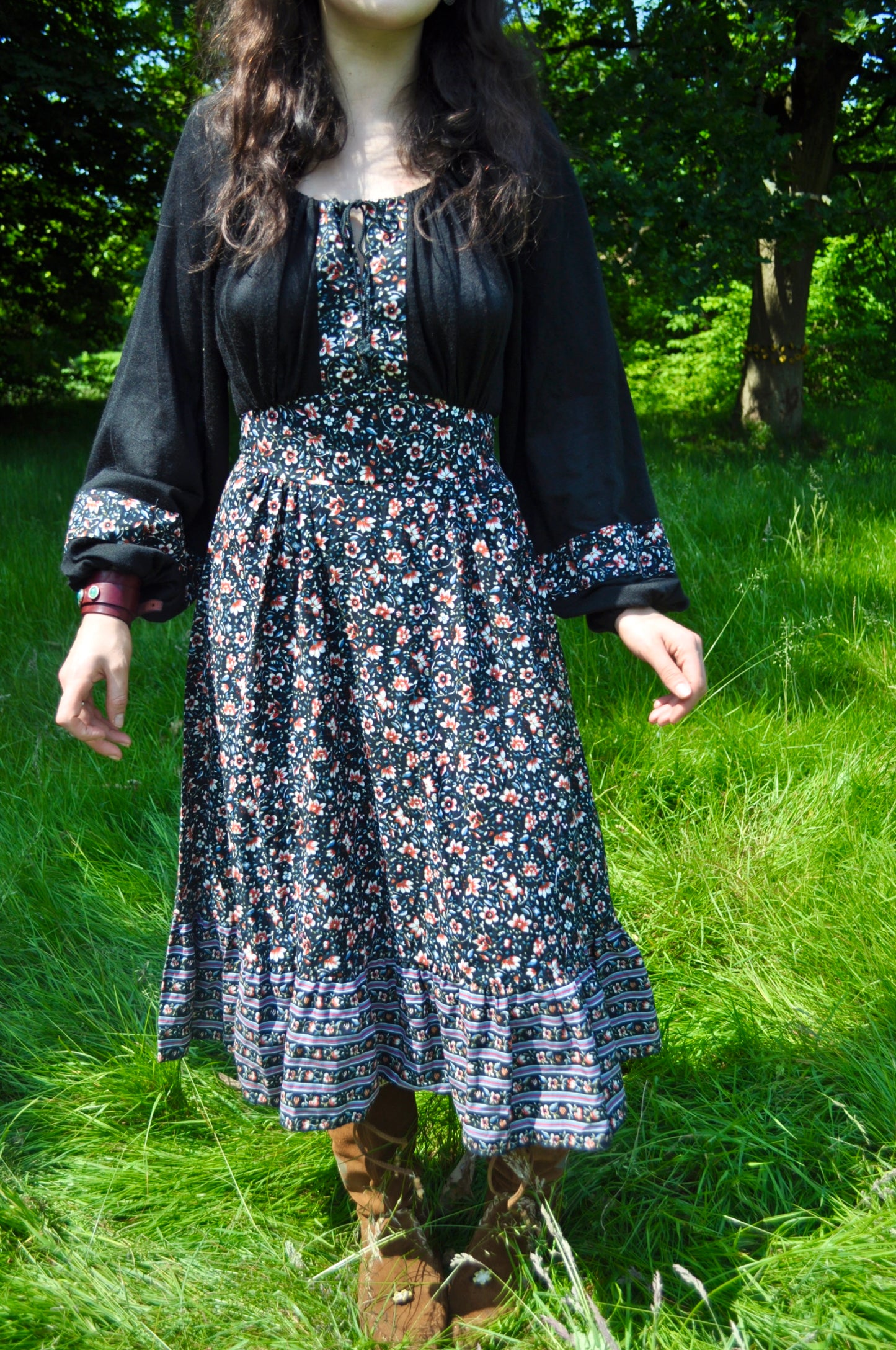 Vintage 70s Richard Shops Black Floral Midi Dress