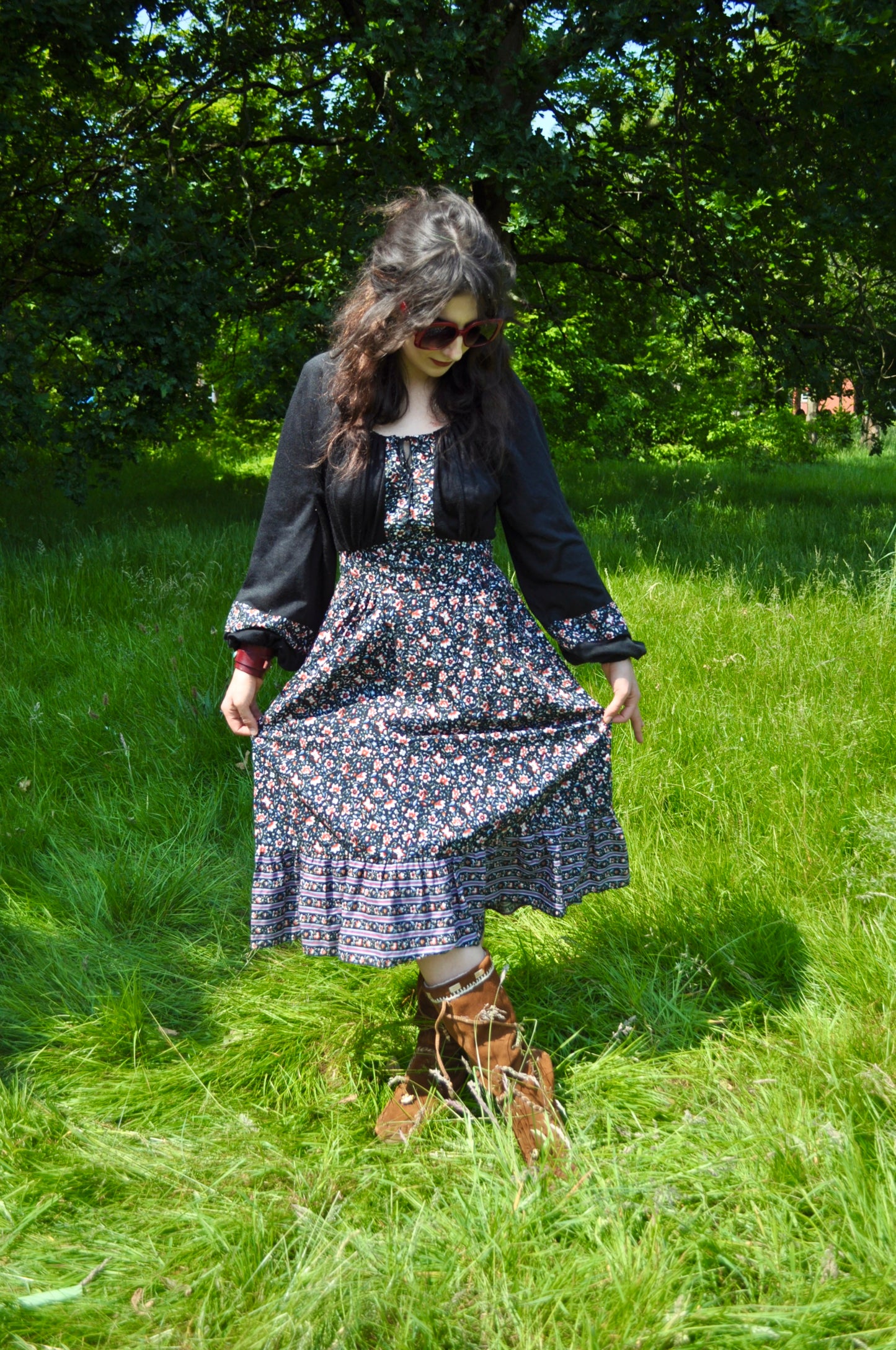Vintage 70s Richard Shops Black Floral Midi Dress