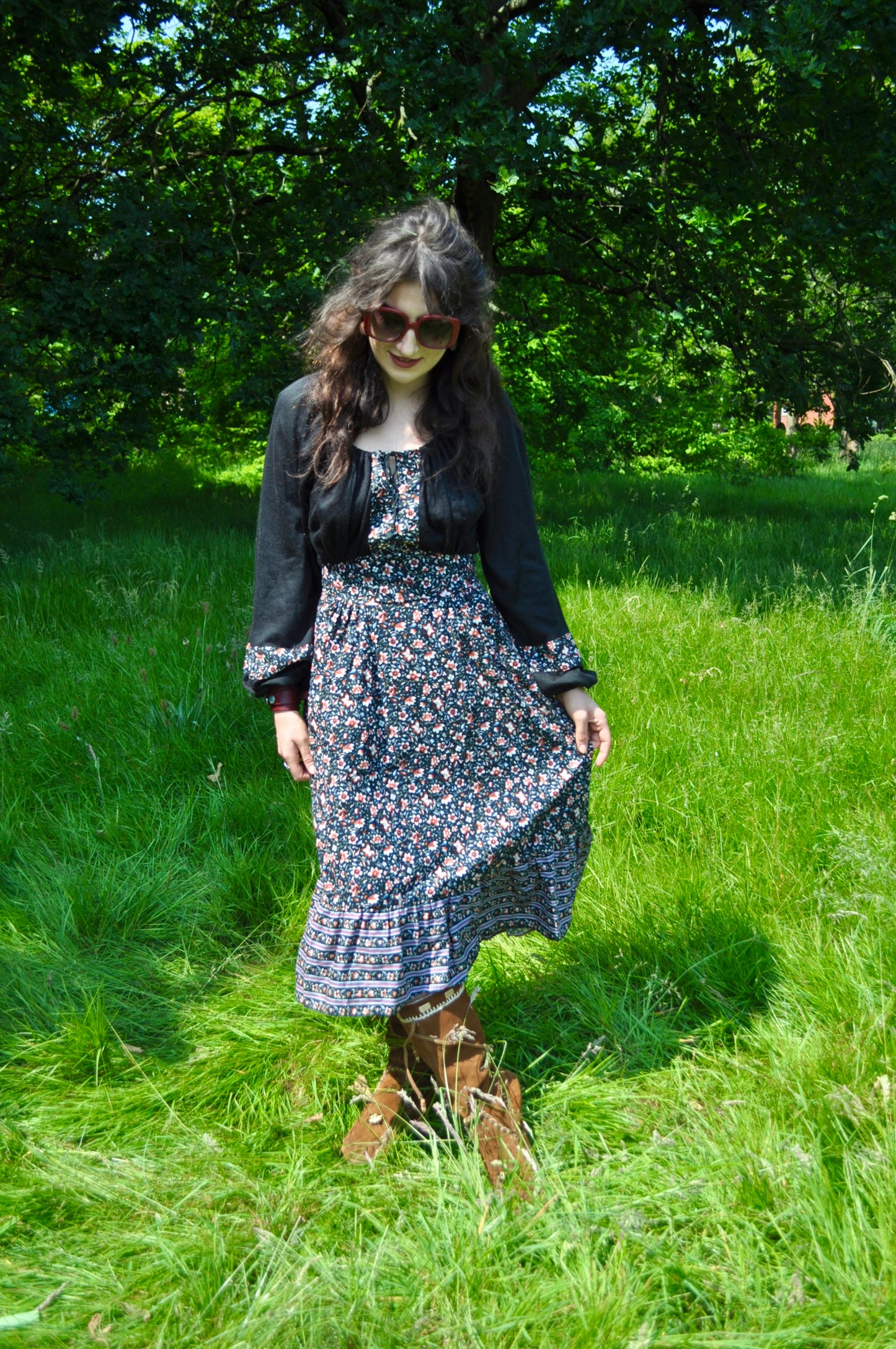 Vintage 70s Richard Shops Black Floral Midi Dress