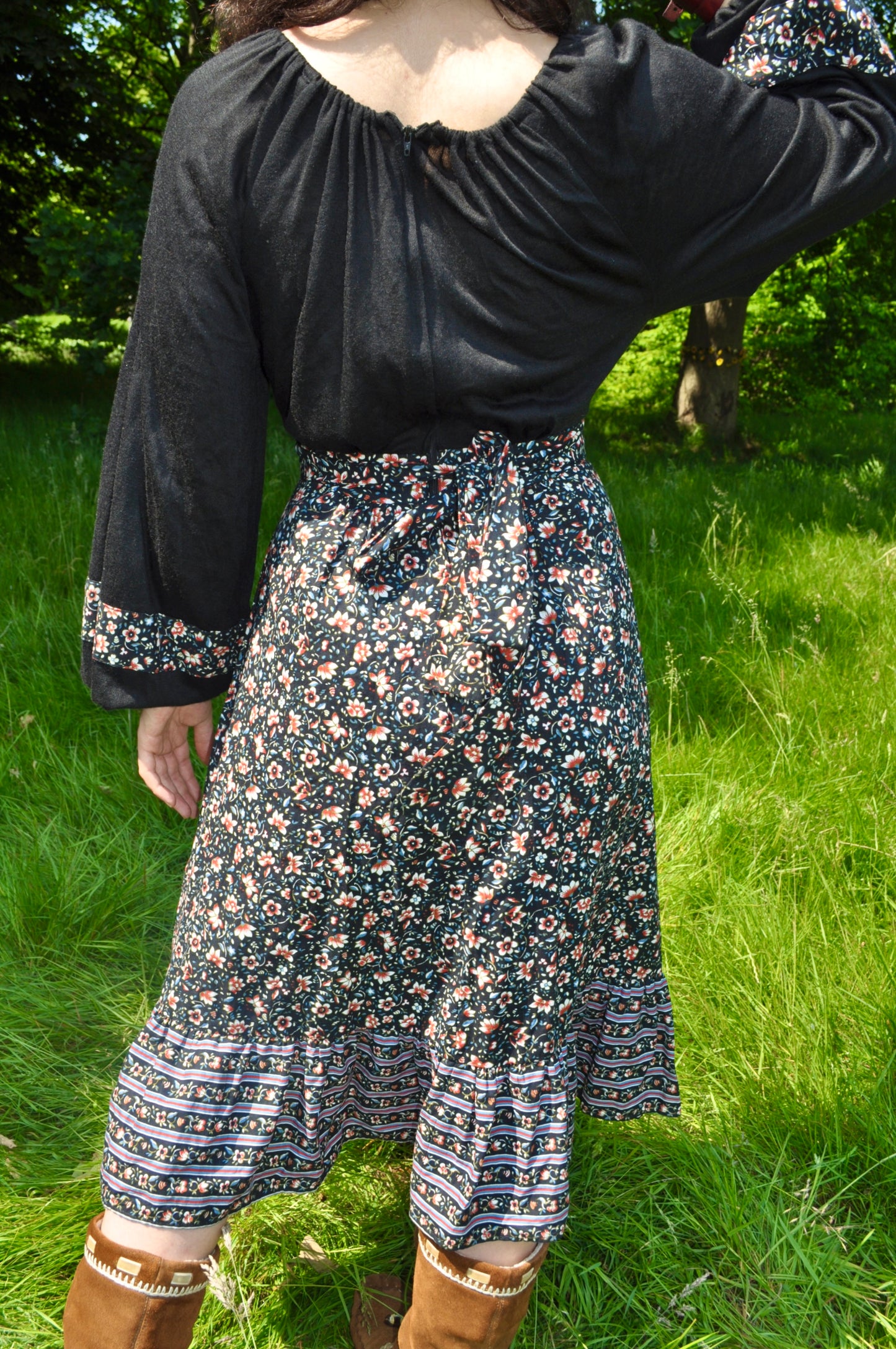 Vintage 70s Richard Shops Black Floral Midi Dress