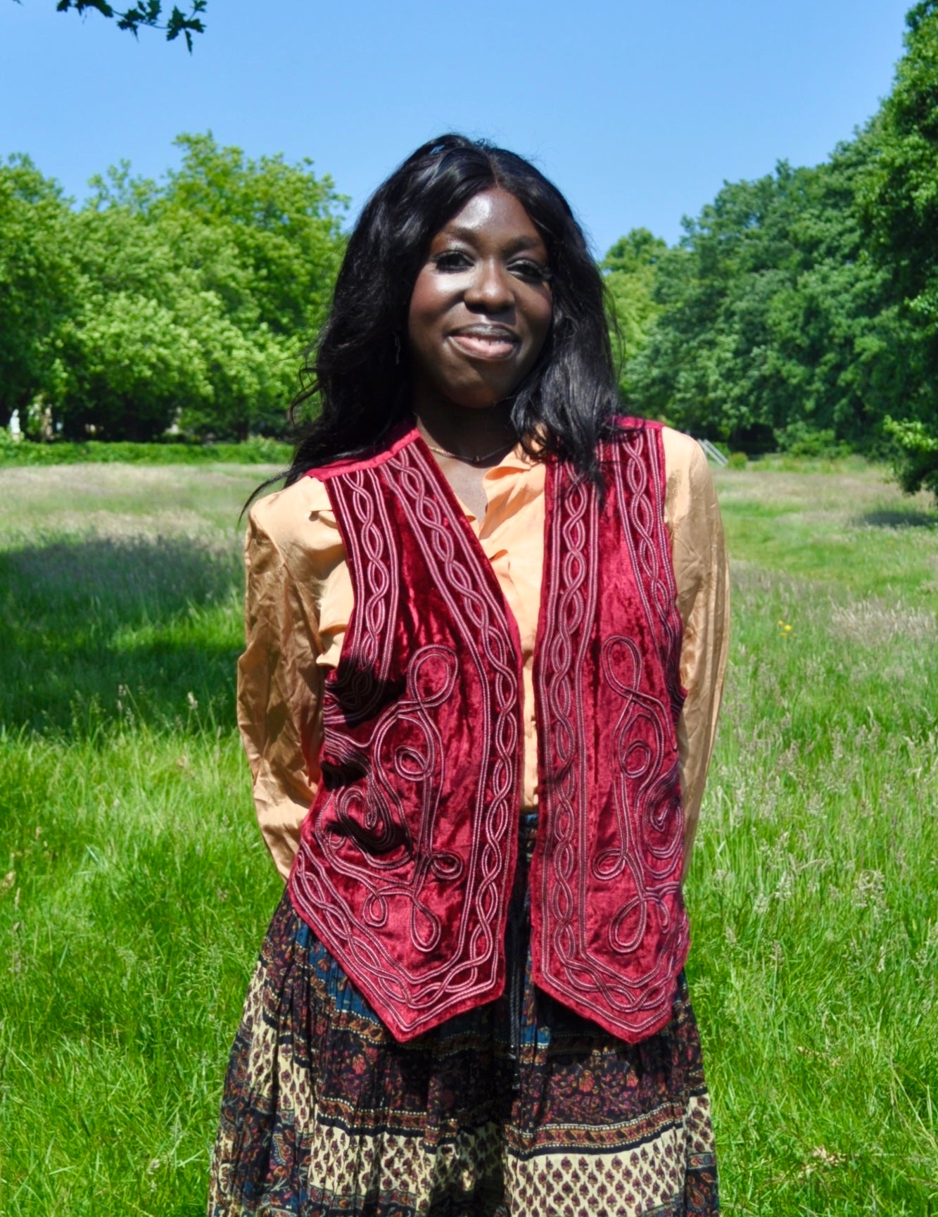 Vintage Maroon Red Velvet Applique Waistcoat