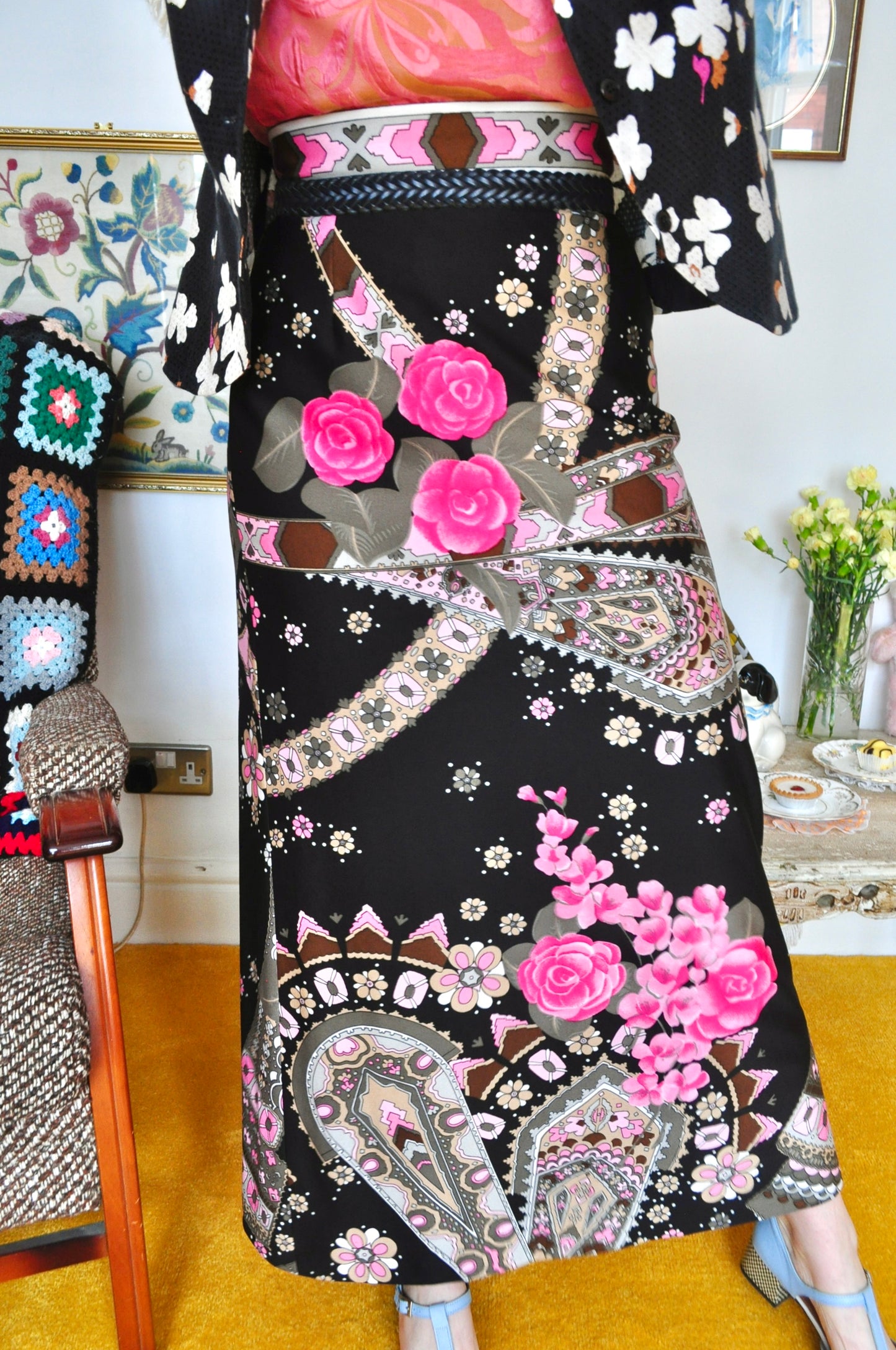 Vintage 70s Black and Pink Print Maxi Skirt