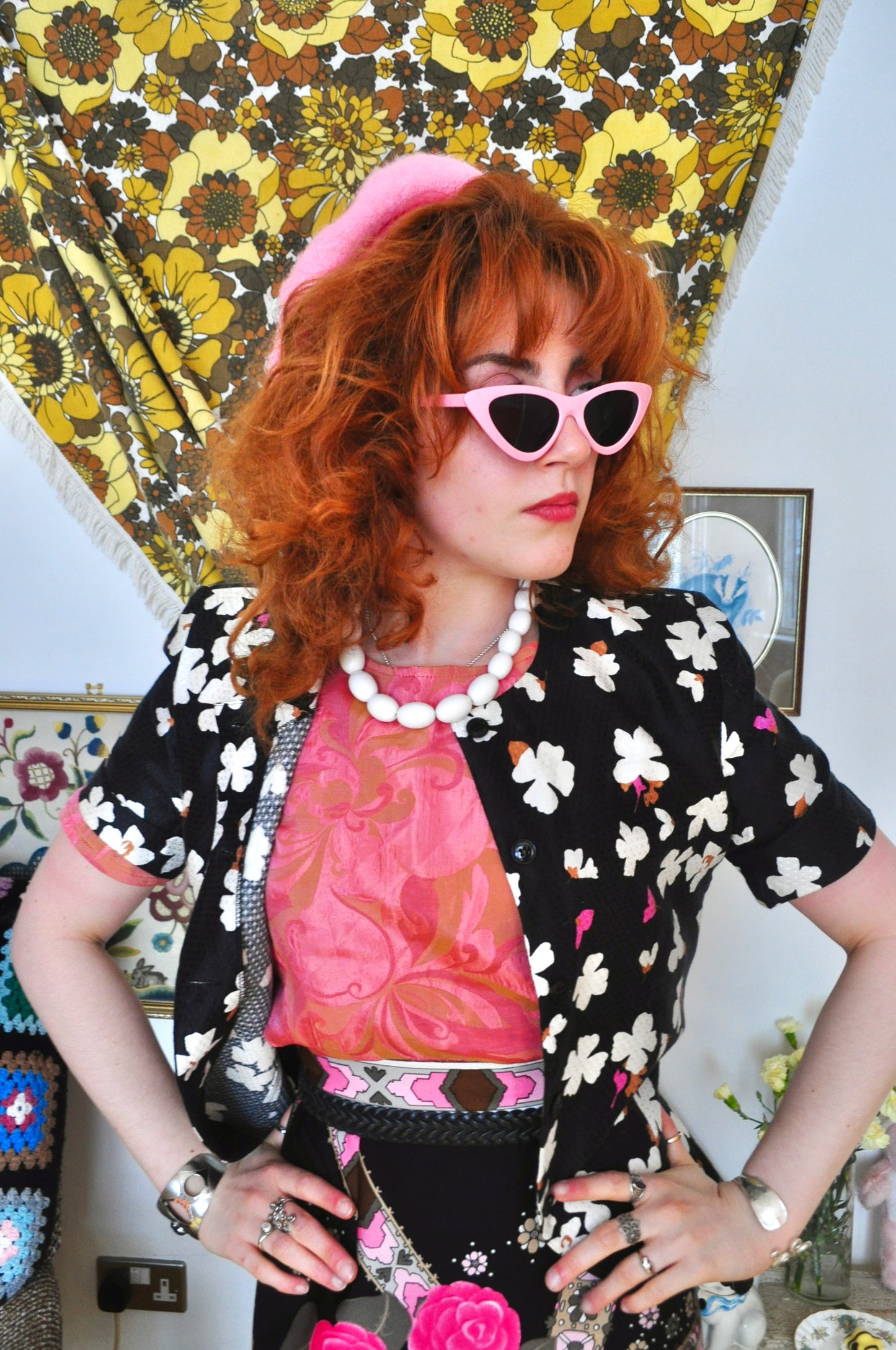 Vintage 80s Black Floral Short Sleeve Jacket