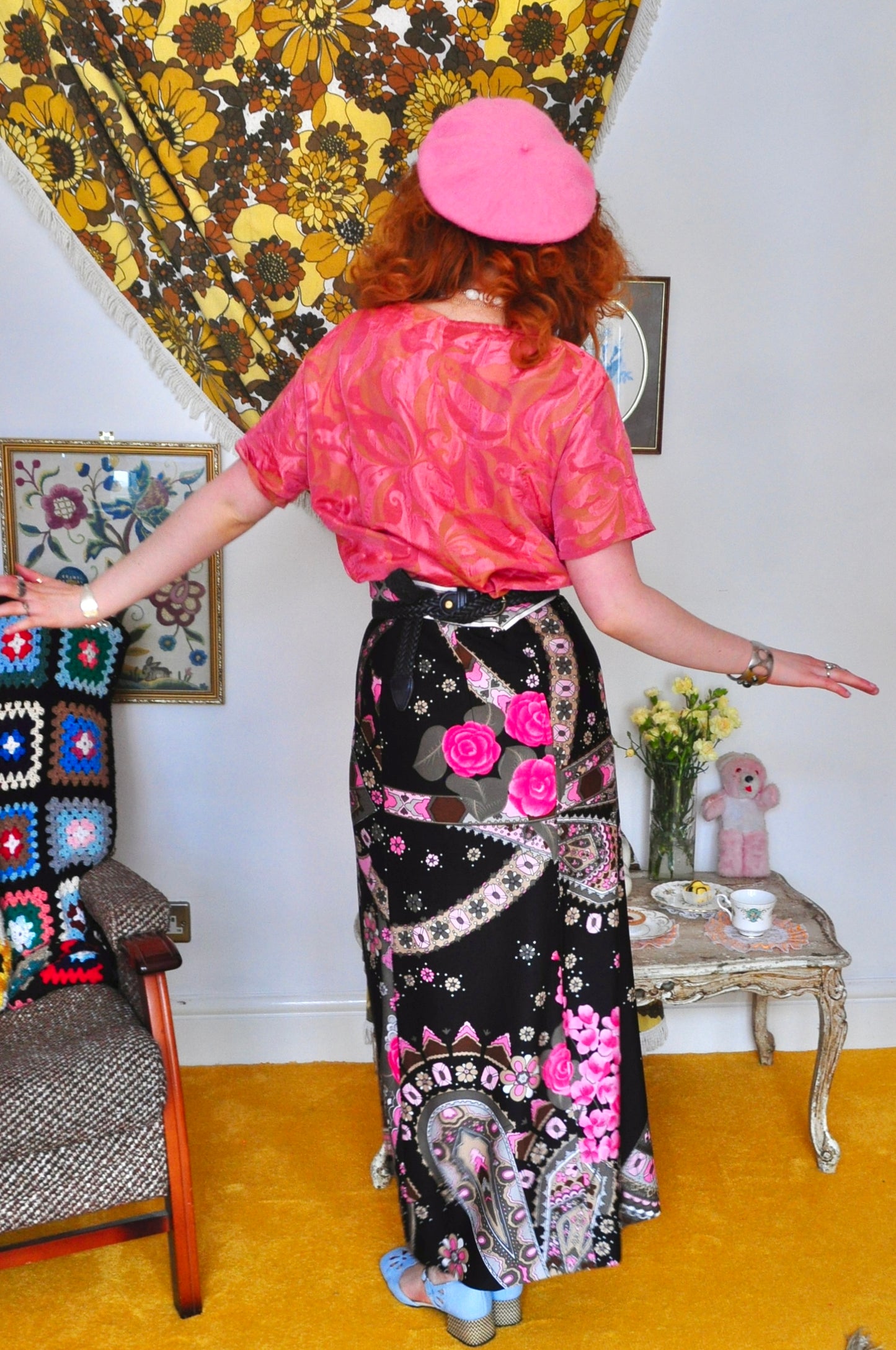 Vintage 70s Black and Pink Print Maxi Skirt
