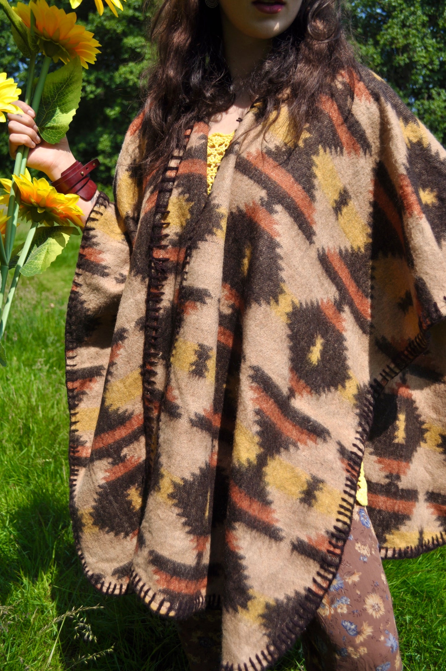 Vintage 70s Brown Aztec Print Shawl