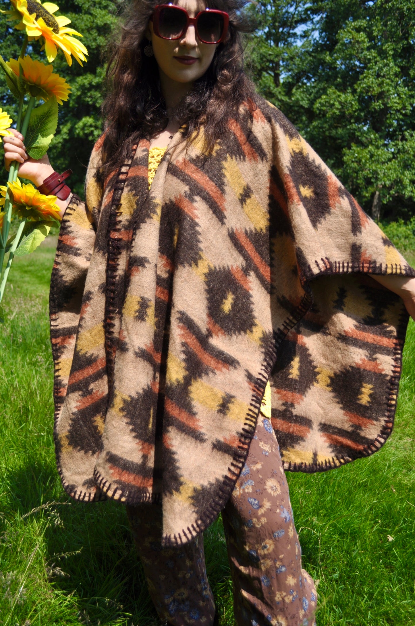 Vintage 70s Brown Aztec Print Shawl