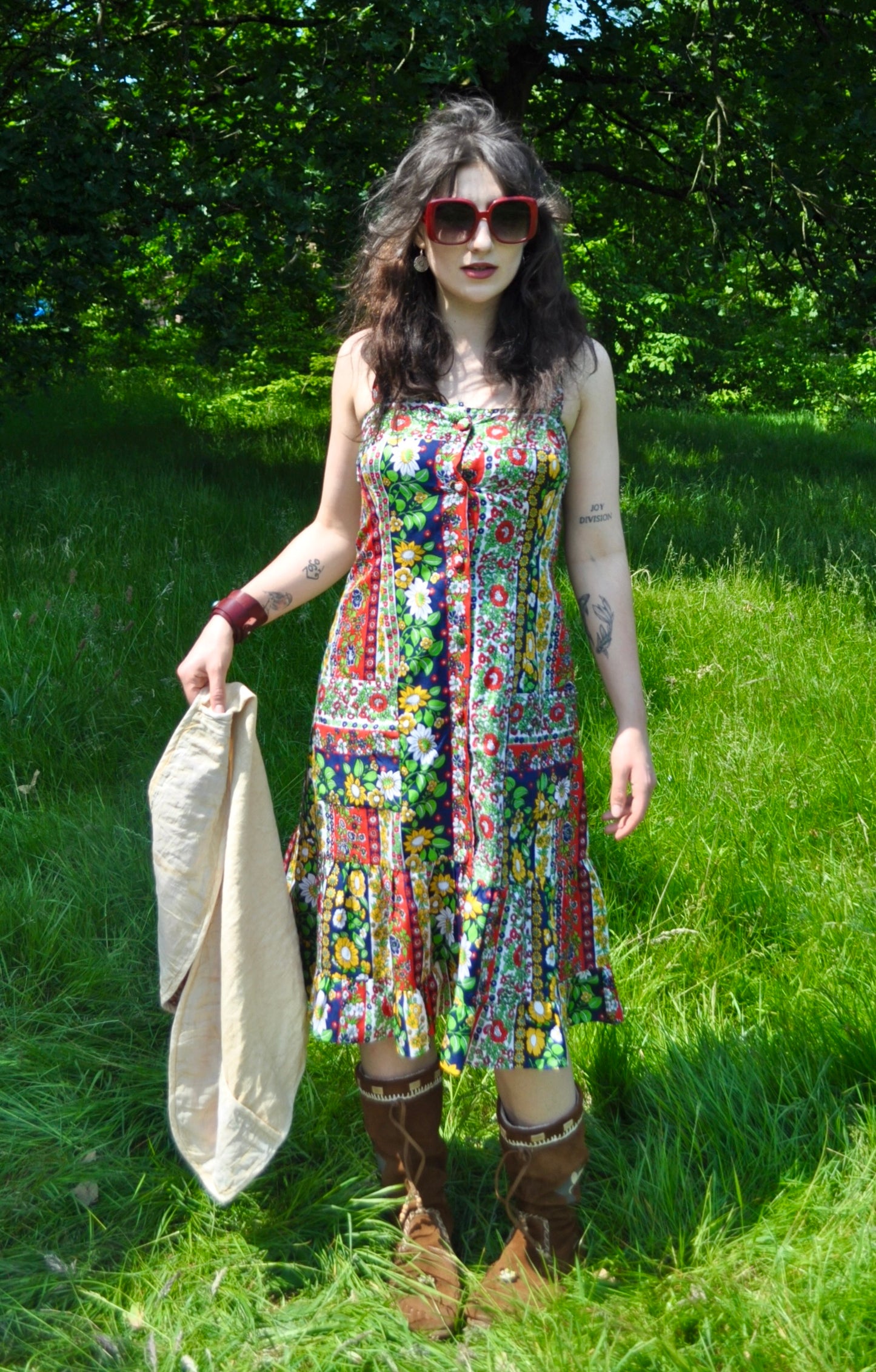 Vintage 70s Colourful Floral Strappy Midi Dress