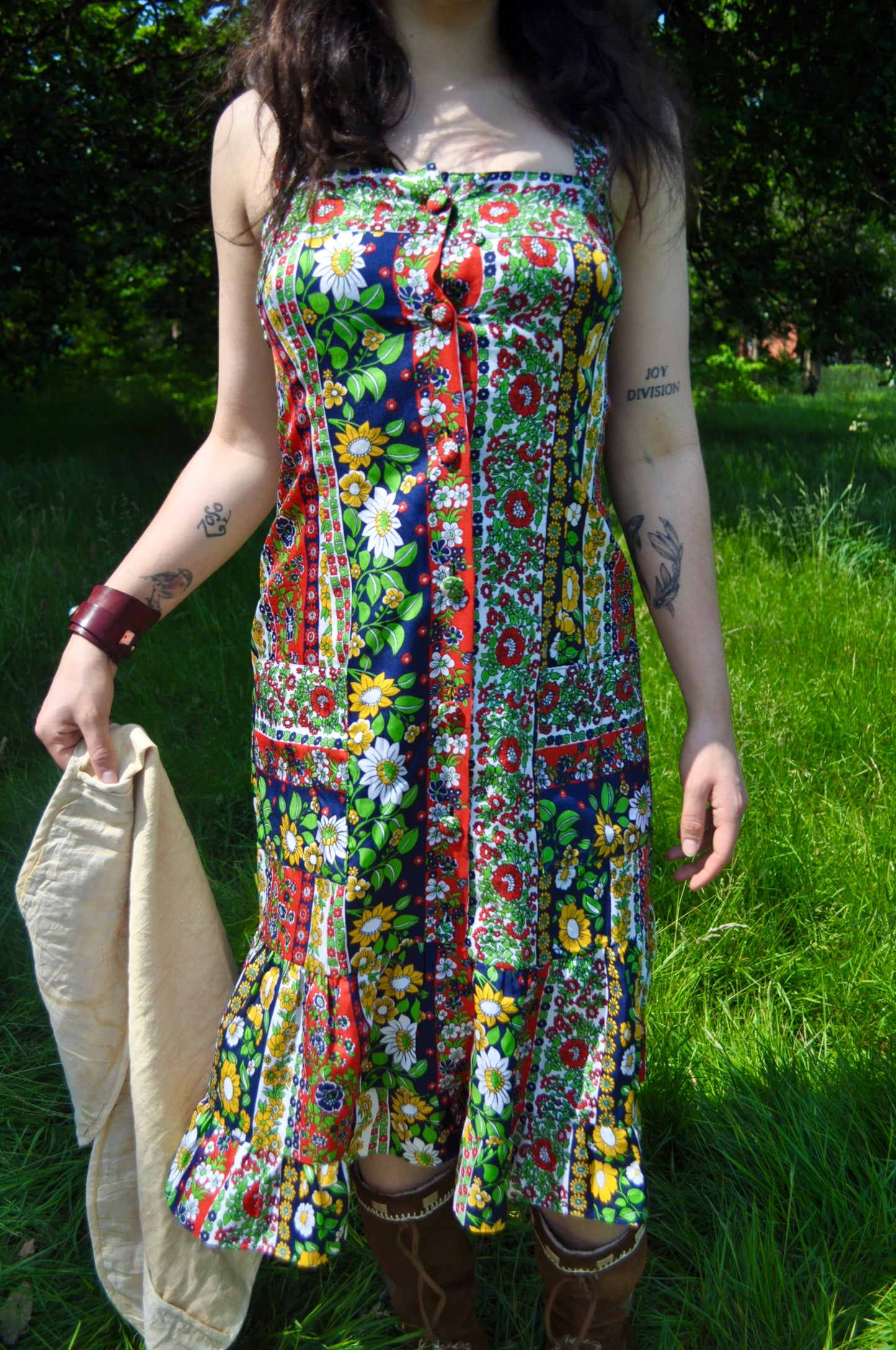 Vintage 70s Colourful Floral Strappy Midi Dress