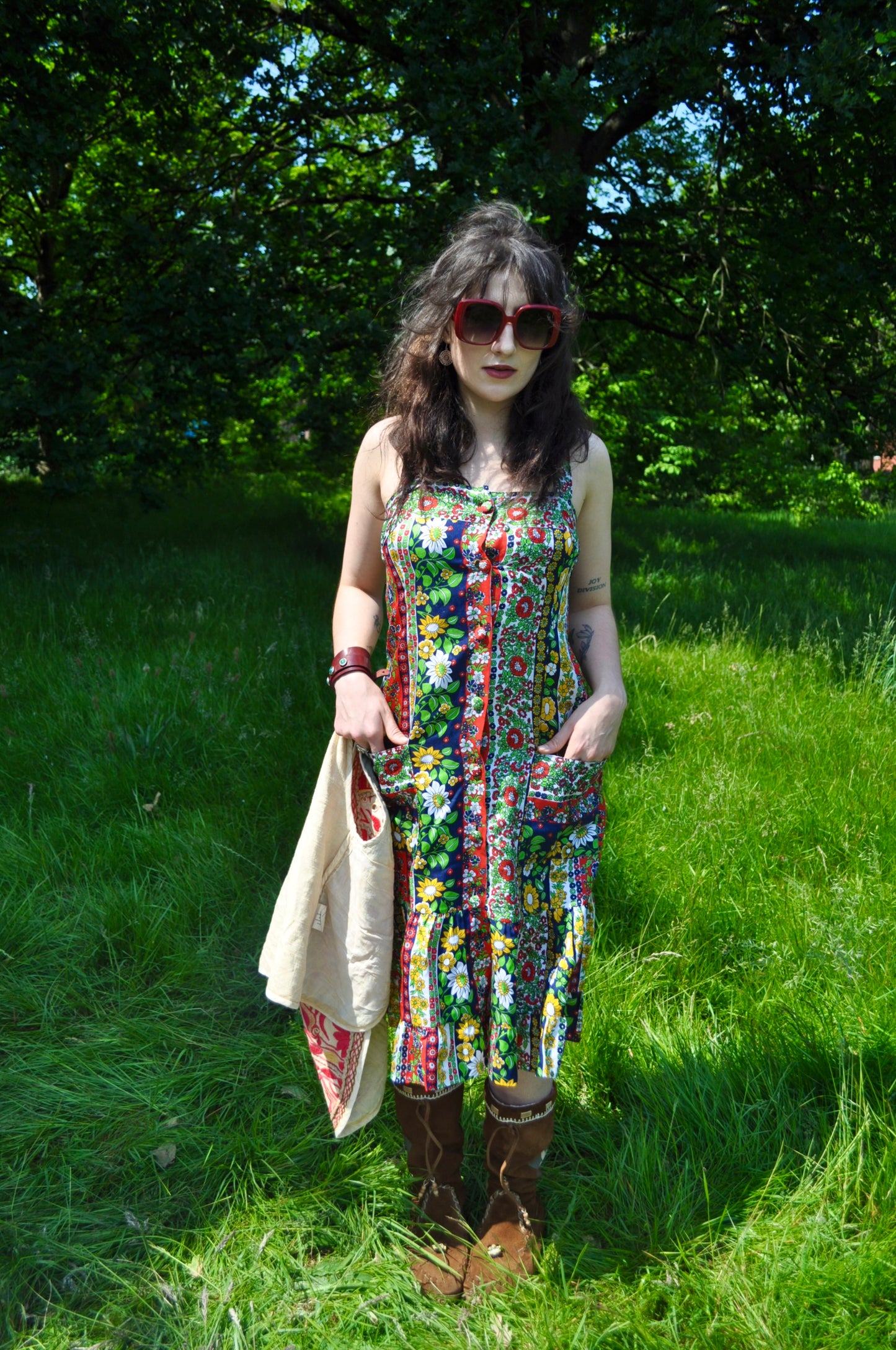 Vintage 70s Colourful Floral Strappy Midi Dress