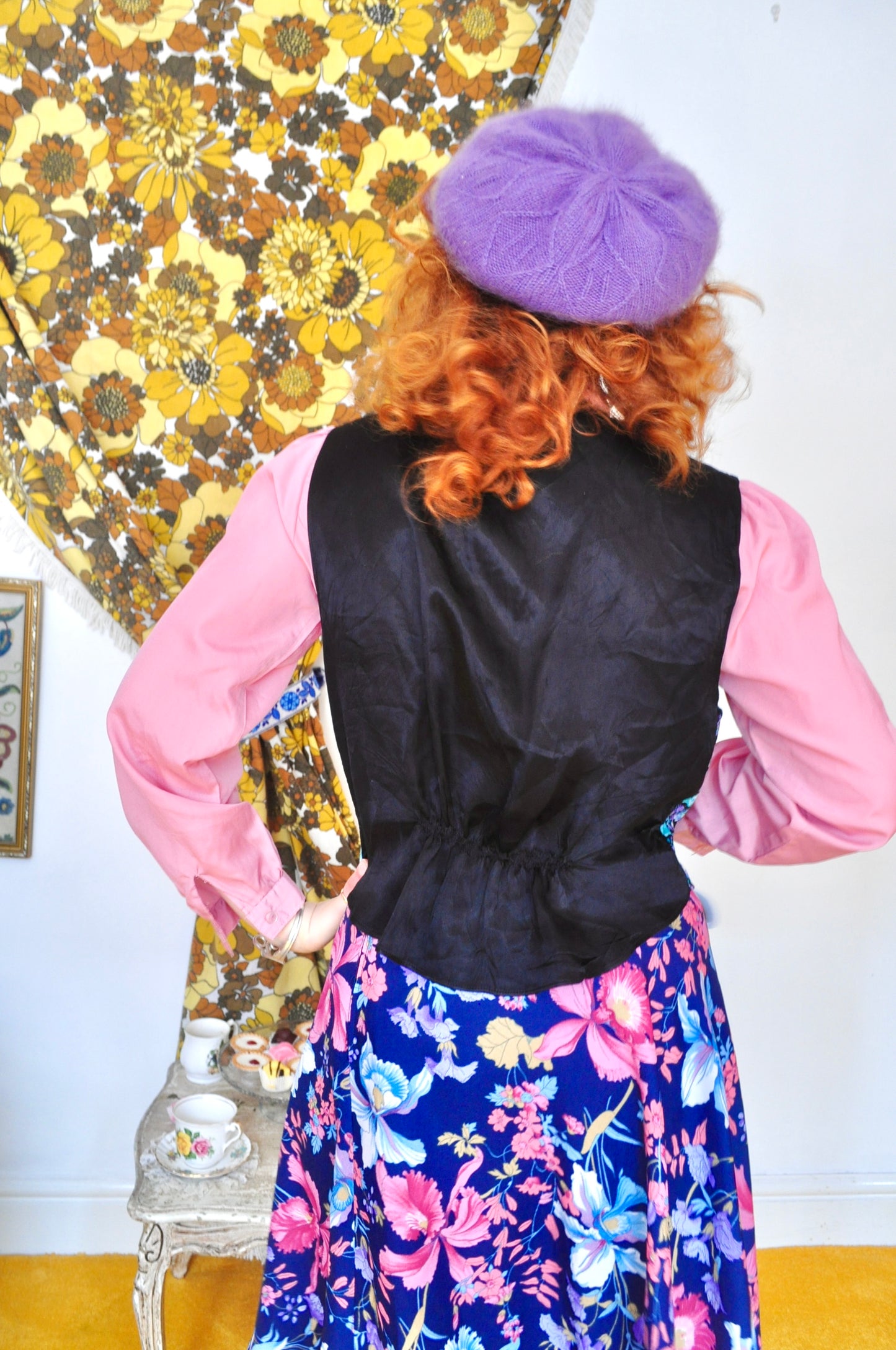 Vintage 80s Blue Floral Waistcoat