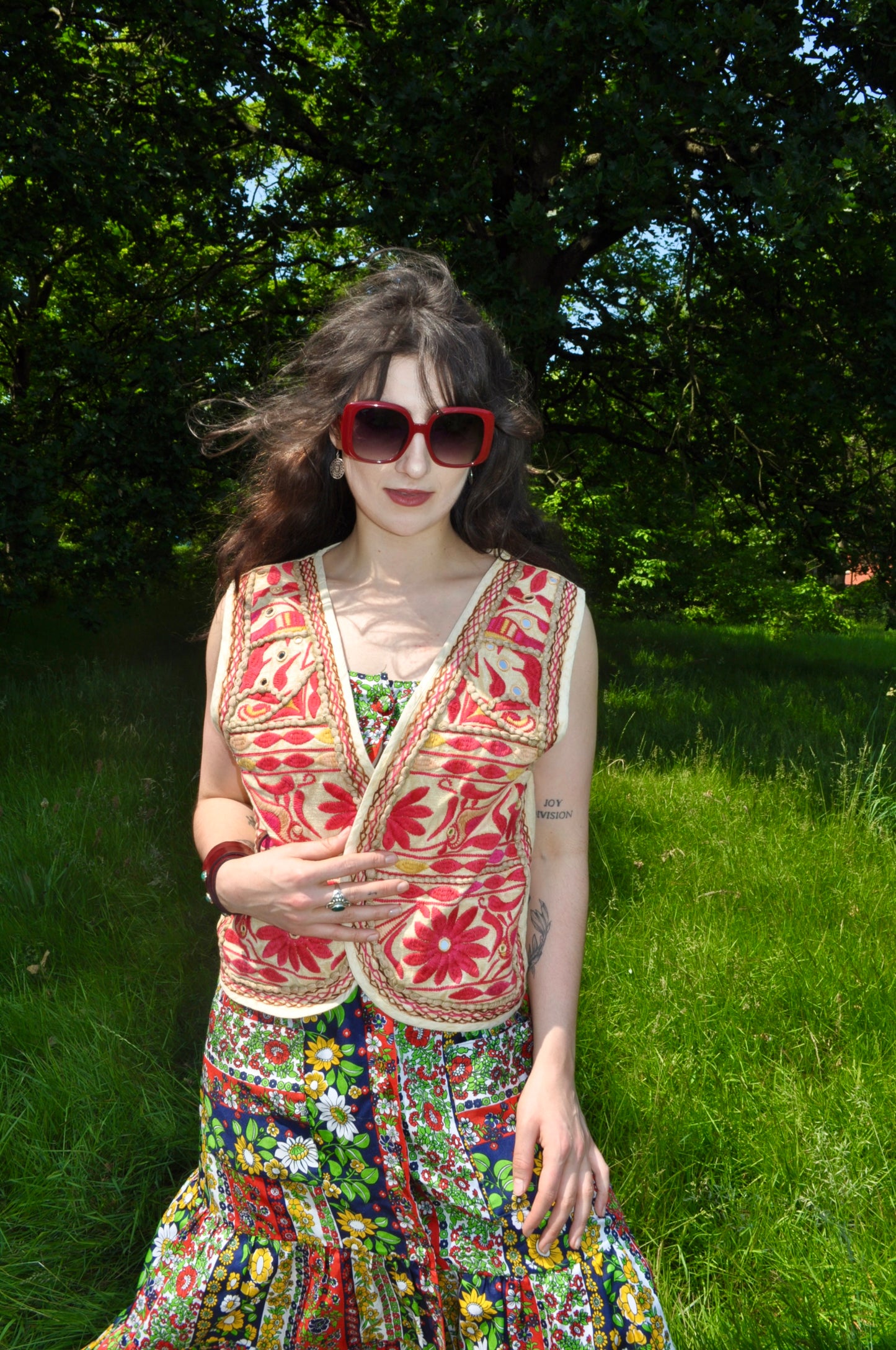 Vintage Cream and Red Embroidered Waistcoat