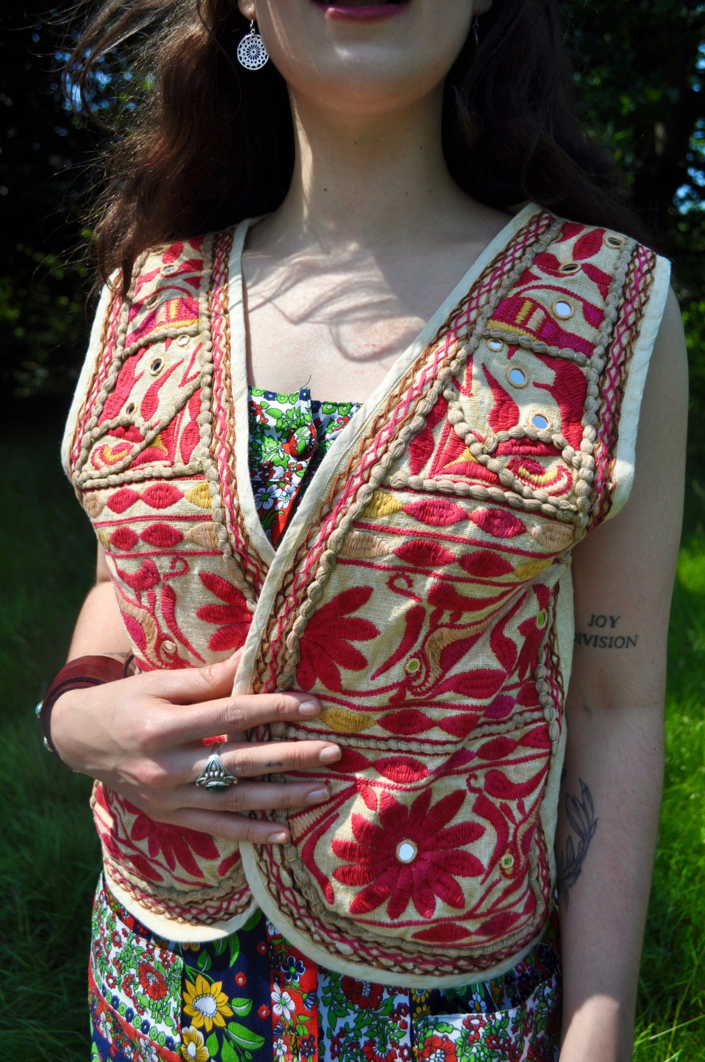 Vintage Cream and Red Embroidered Waistcoat