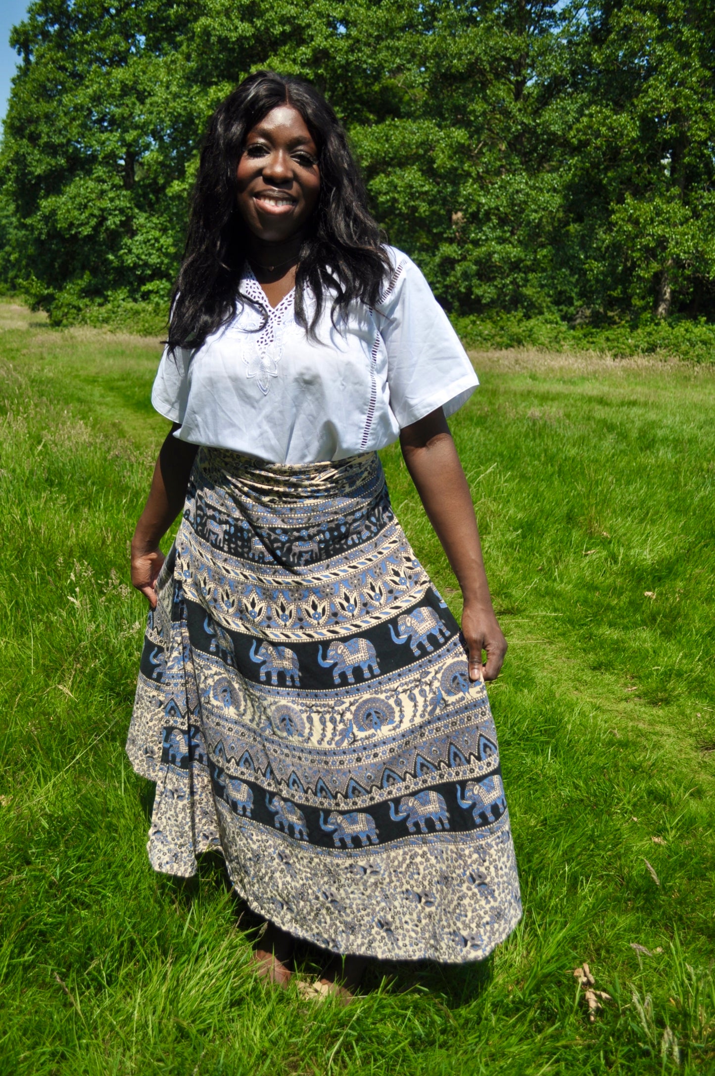 Vintage 70s Blue and Grey Block Print Wrap Maxi Skirt