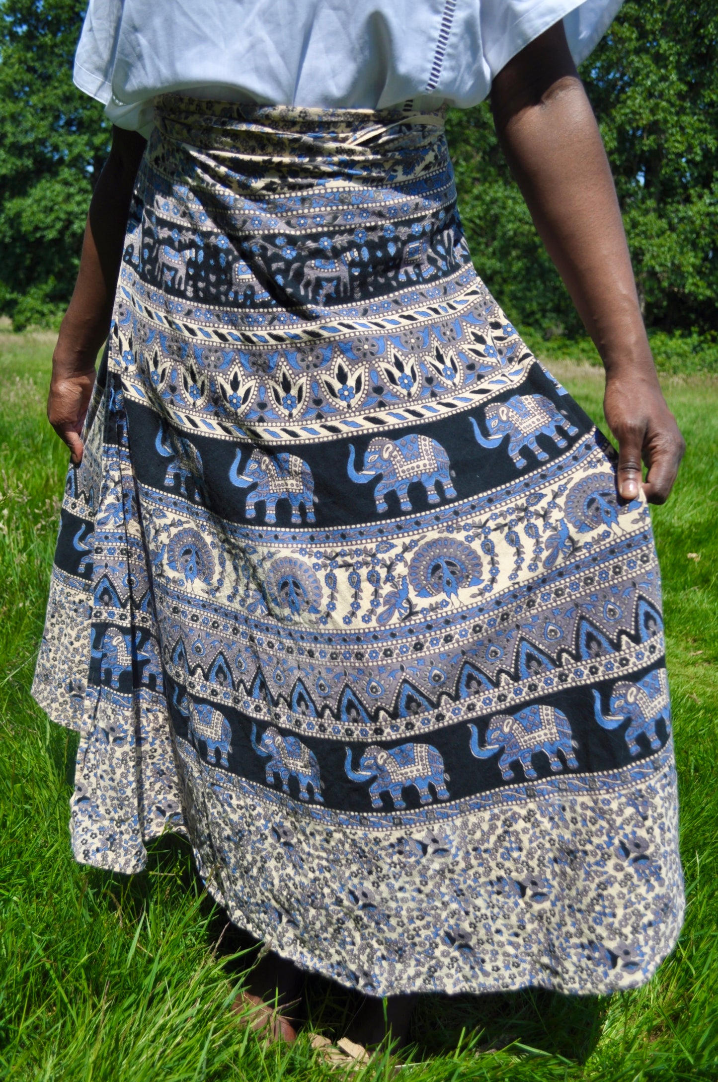 Vintage 70s Blue and Grey Block Print Wrap Maxi Skirt