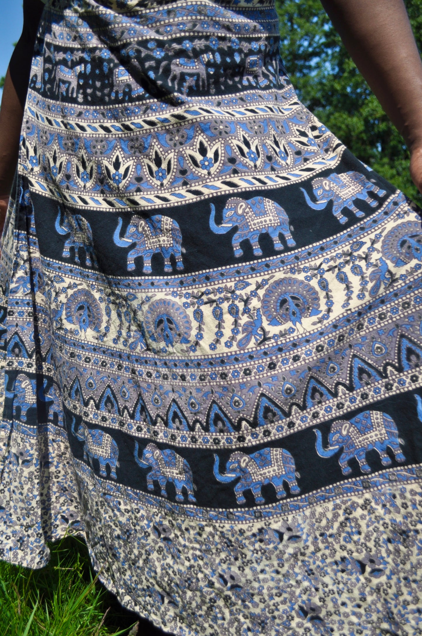 Vintage 70s Blue and Grey Block Print Wrap Maxi Skirt