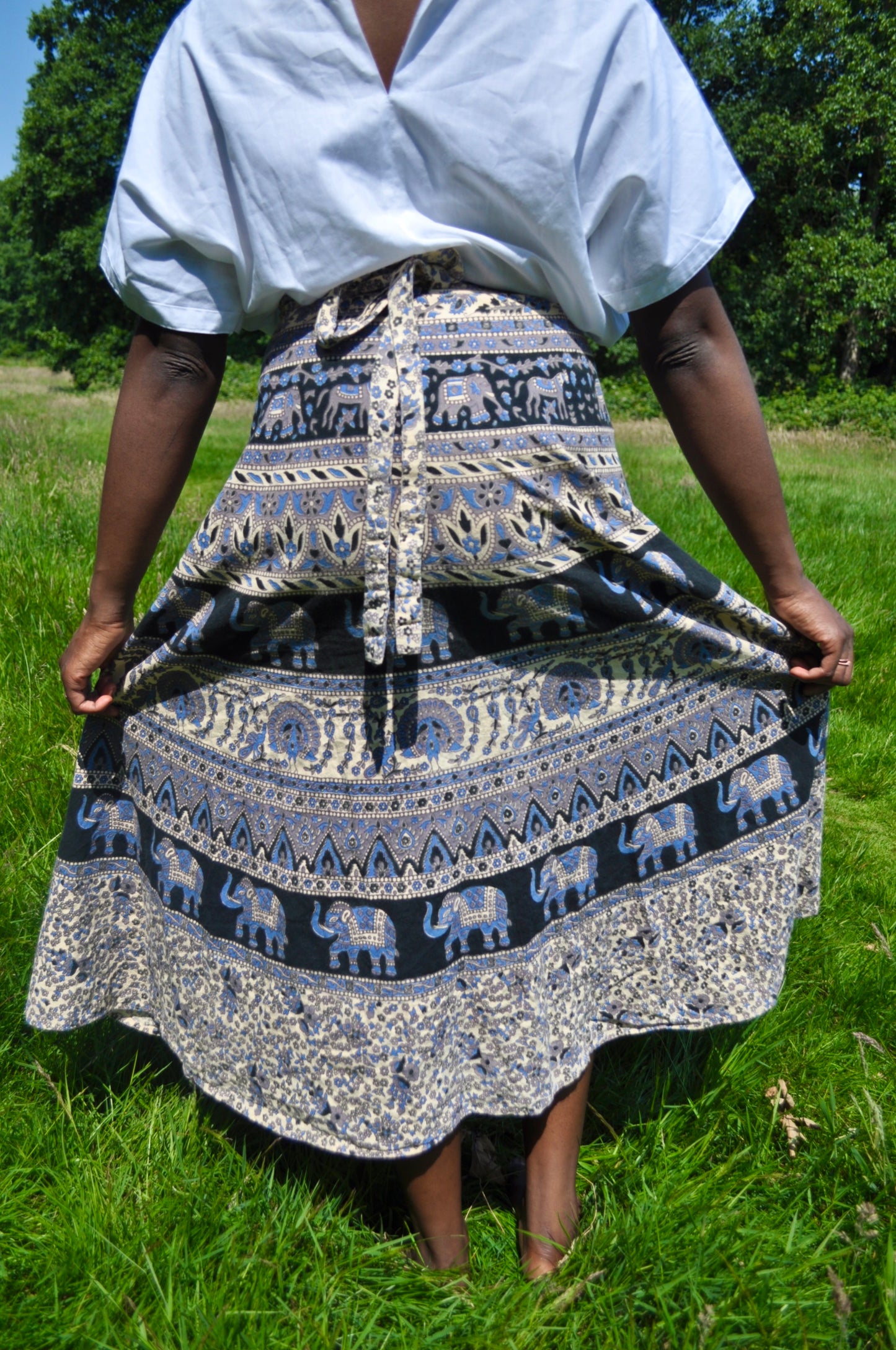 Vintage 70s Blue and Grey Block Print Wrap Maxi Skirt