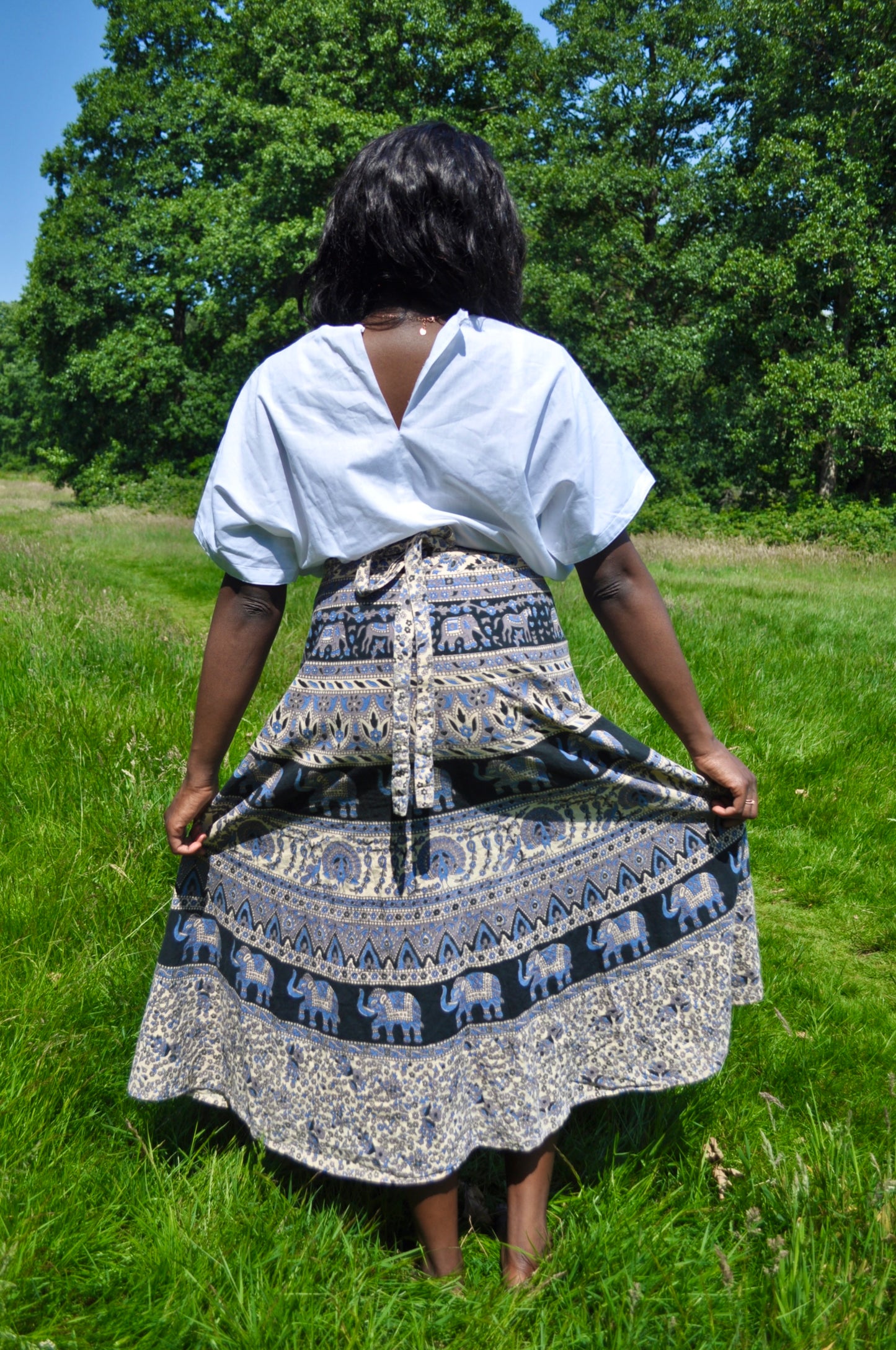 Vintage 70s Blue and Grey Block Print Wrap Maxi Skirt