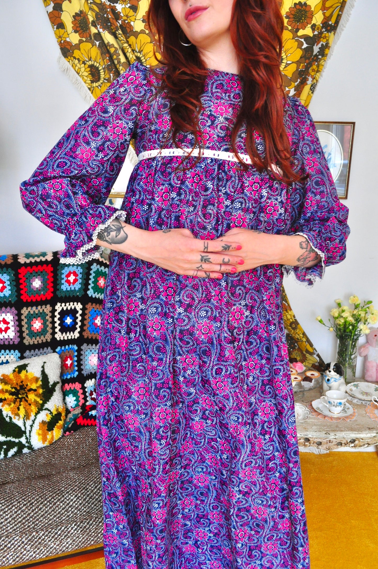 Vintage 60s Purple Floral Smock Maxi Dress