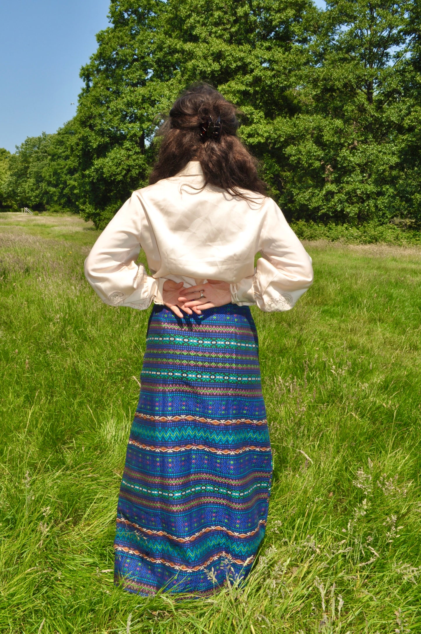 Vintage 70s Blue Tapestry Maxi Skirt