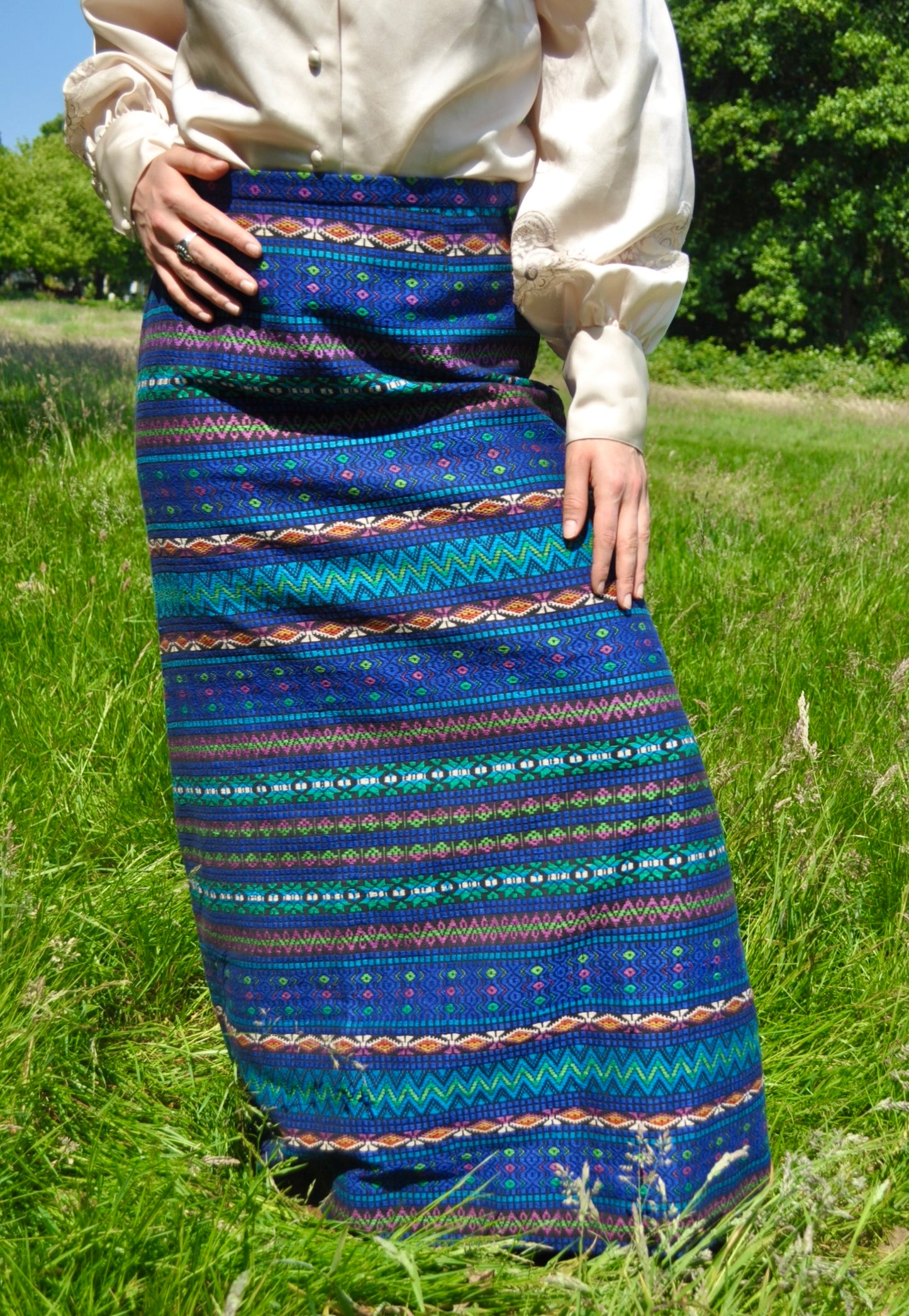 Vintage 70s Blue Tapestry Maxi Skirt