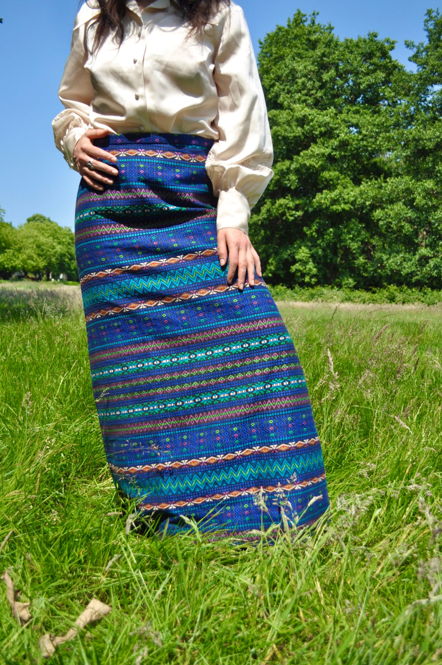 Vintage 70s Blue Tapestry Maxi Skirt
