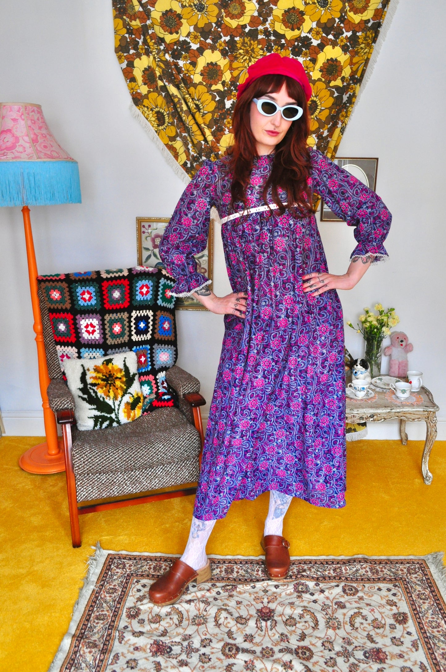 Vintage 60s Purple Floral Smock Maxi Dress